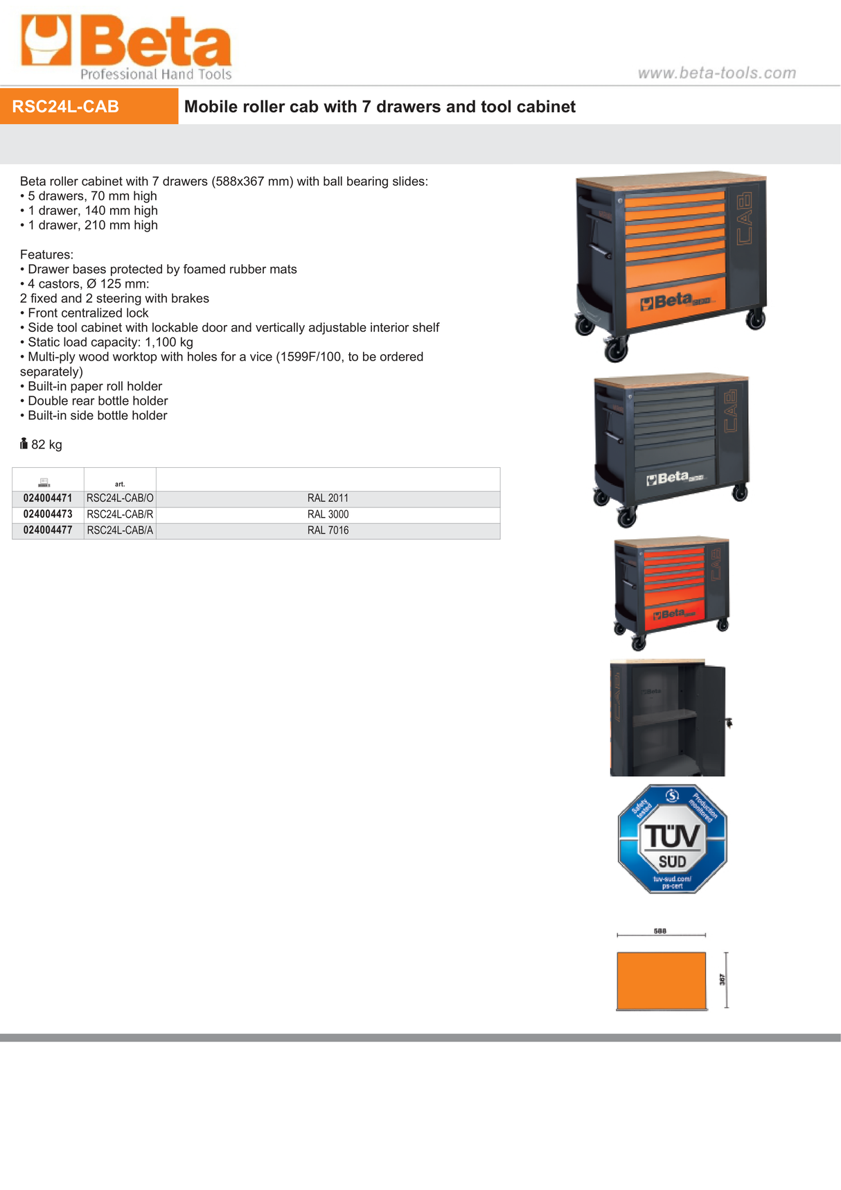 Mobile Roller Cab 7 Drawers Tool Cabinet 1100kg Capacity - Beta Tools RSC24L-CAB/O - Image 8
