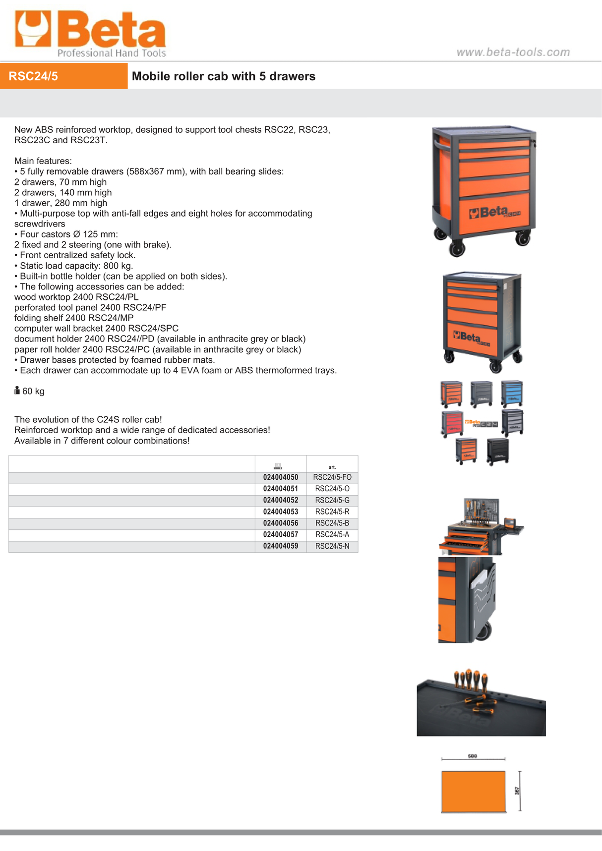 Mobile Roller Cab 5 Drawers Reinforced Worktop 800kg Capacity - Beta Tools RSC24/5-B - Image 12