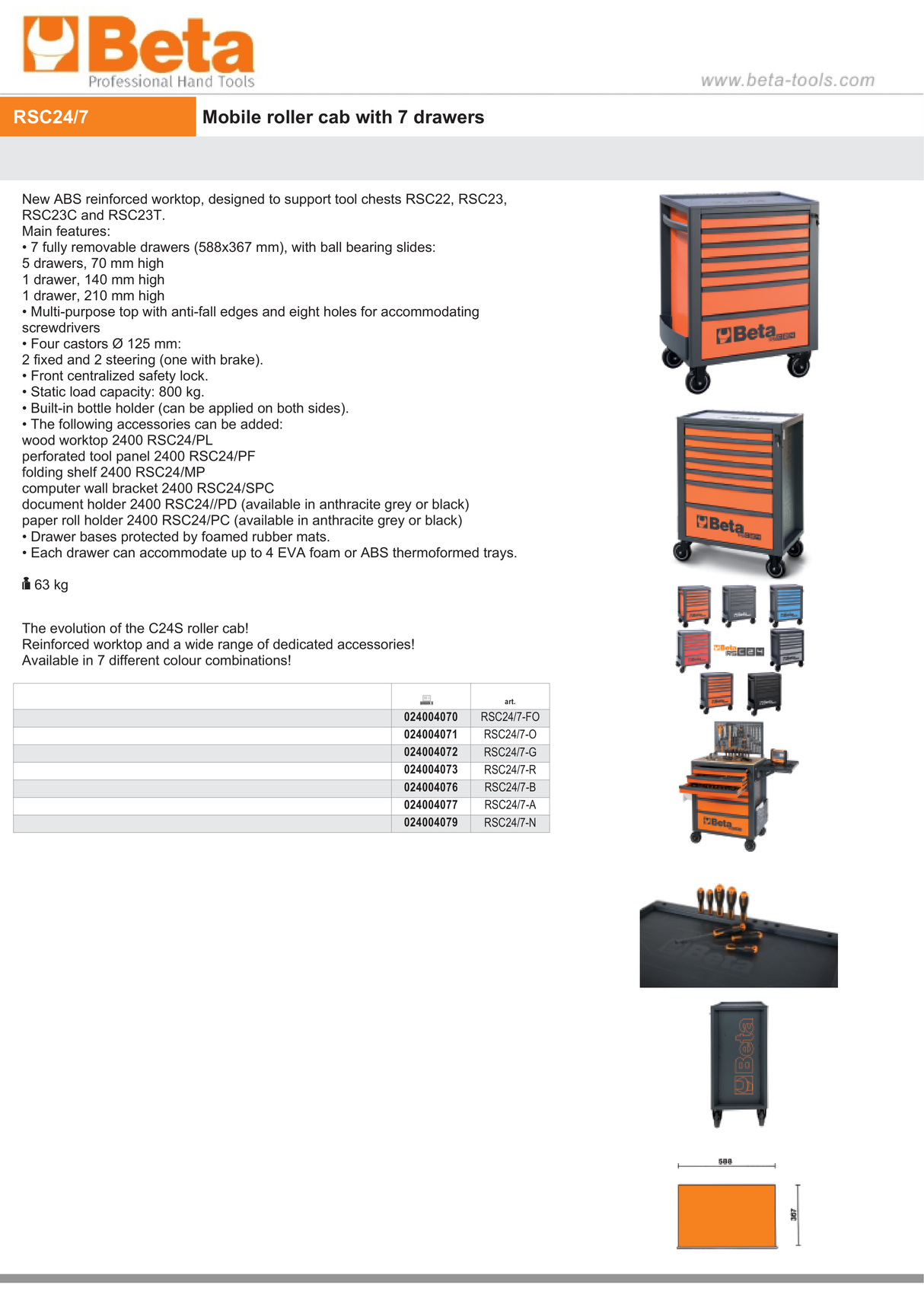 Mobile Roller Cab 7 Drawers Reinforced Worktop 800kg Capacity - Beta Tools RSC24/7-O - Image 13