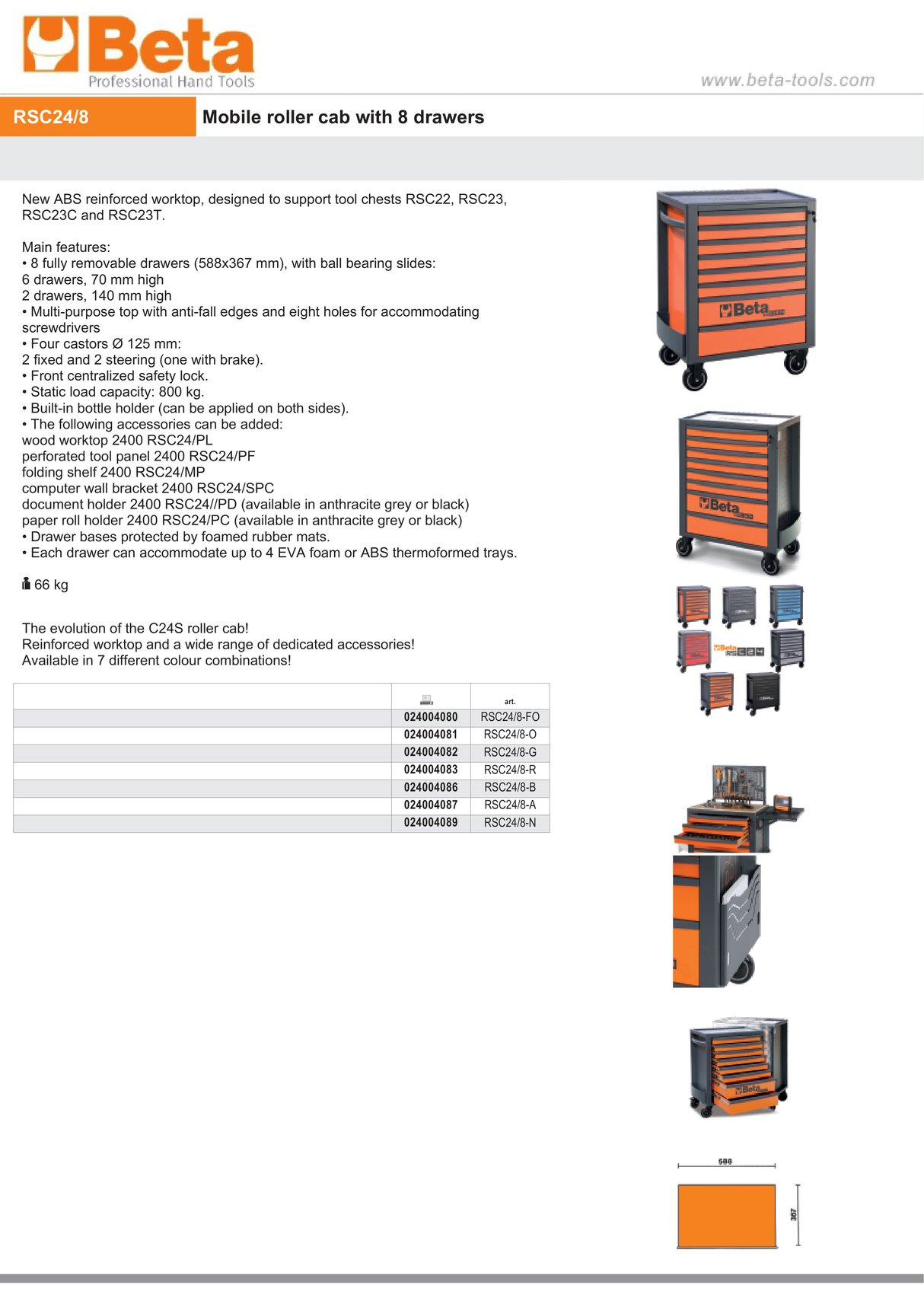 Mobile Roller Cab 8 Drawers Reinforced Worktop 800kg Capacity - Beta Tools RSC24/8-R - Image 13