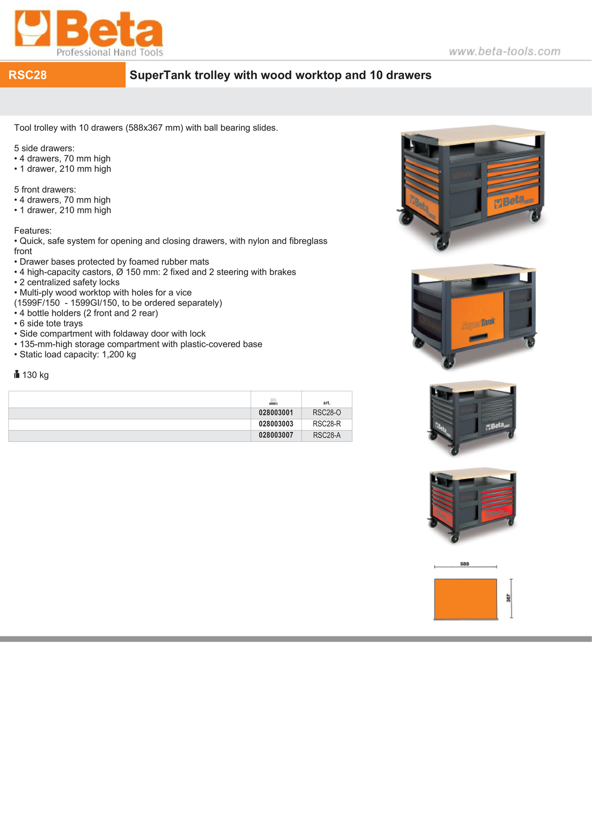 SuperTank Trolley with Wood Worktop, 10 Drawers, 588x367mm, 150mm Castors, 1200kg Load Capacity - Beta Tools RSC28-R - Image 7
