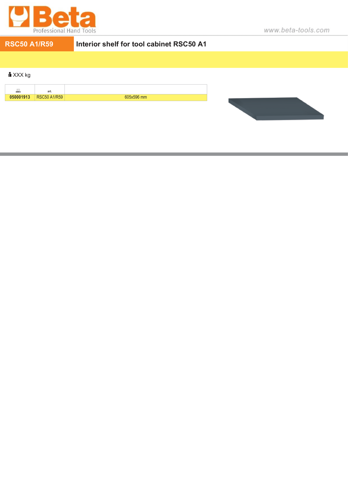 Interior Shelf for Tool Cabinet RSC50 A1, 605x596mm - BetaRSC50 RSC50 A1/R59 - Image 3