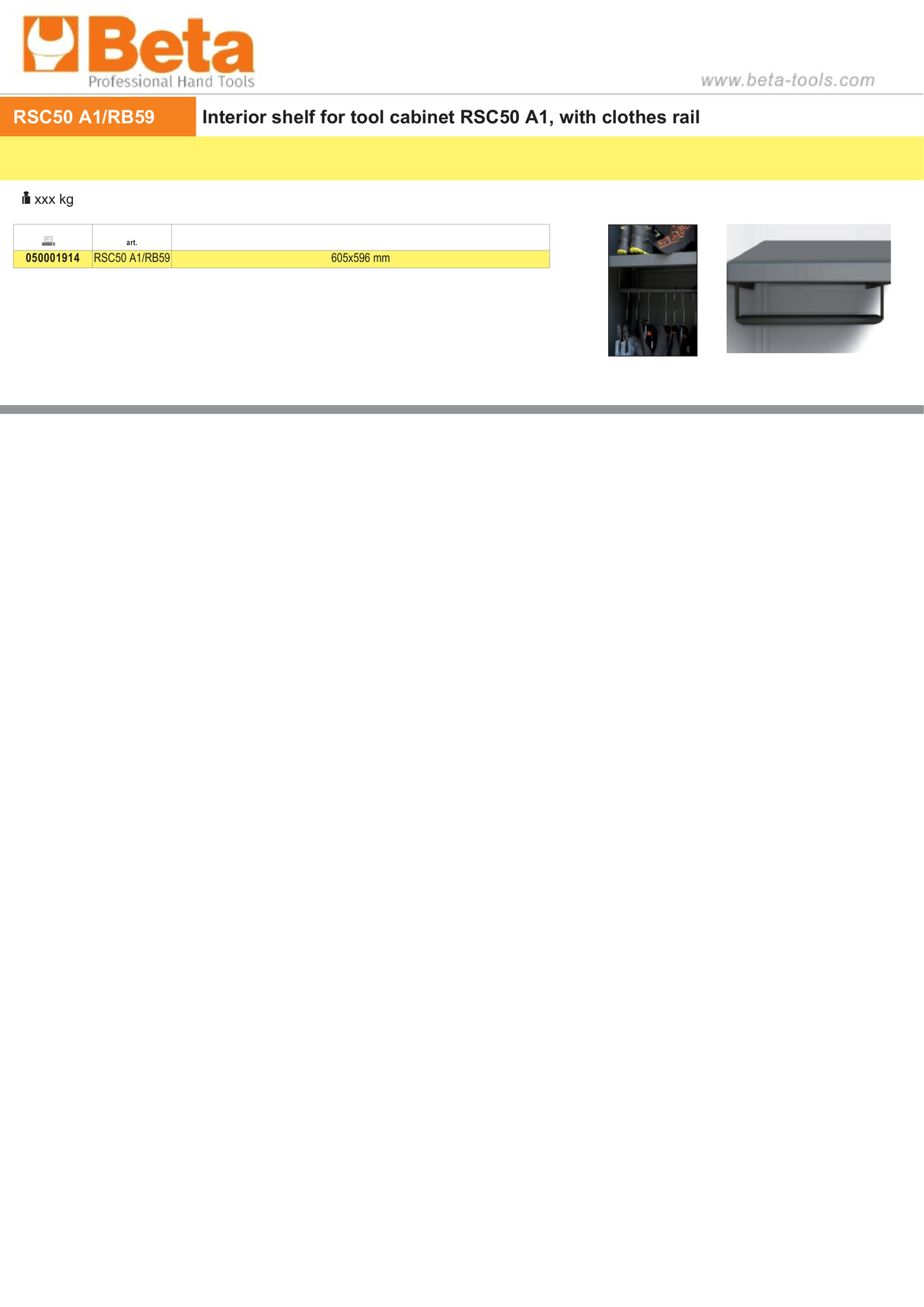 Interior Shelf with Clothes Rail for Tool Cabinet RSC50 A1, 605x596mm - BetaRSC50 RSC50 A1/RB59 - Image 3