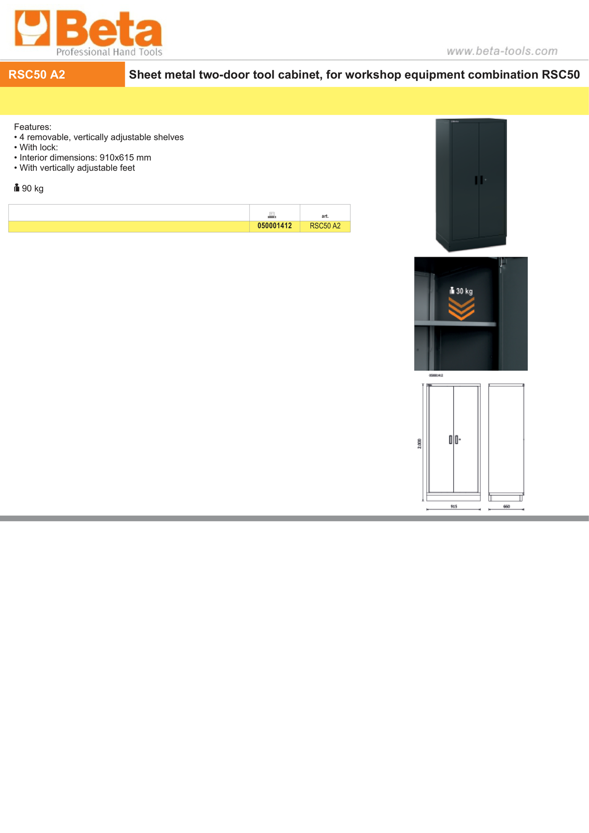 Sheet Metal Two-Door Tool Cabinet for RSC50, 910x615mm Interior, 4 Adjustable Shelves, Lock, Adjustable Feet - BetaRSC50 RSC50 A2 - Image 4