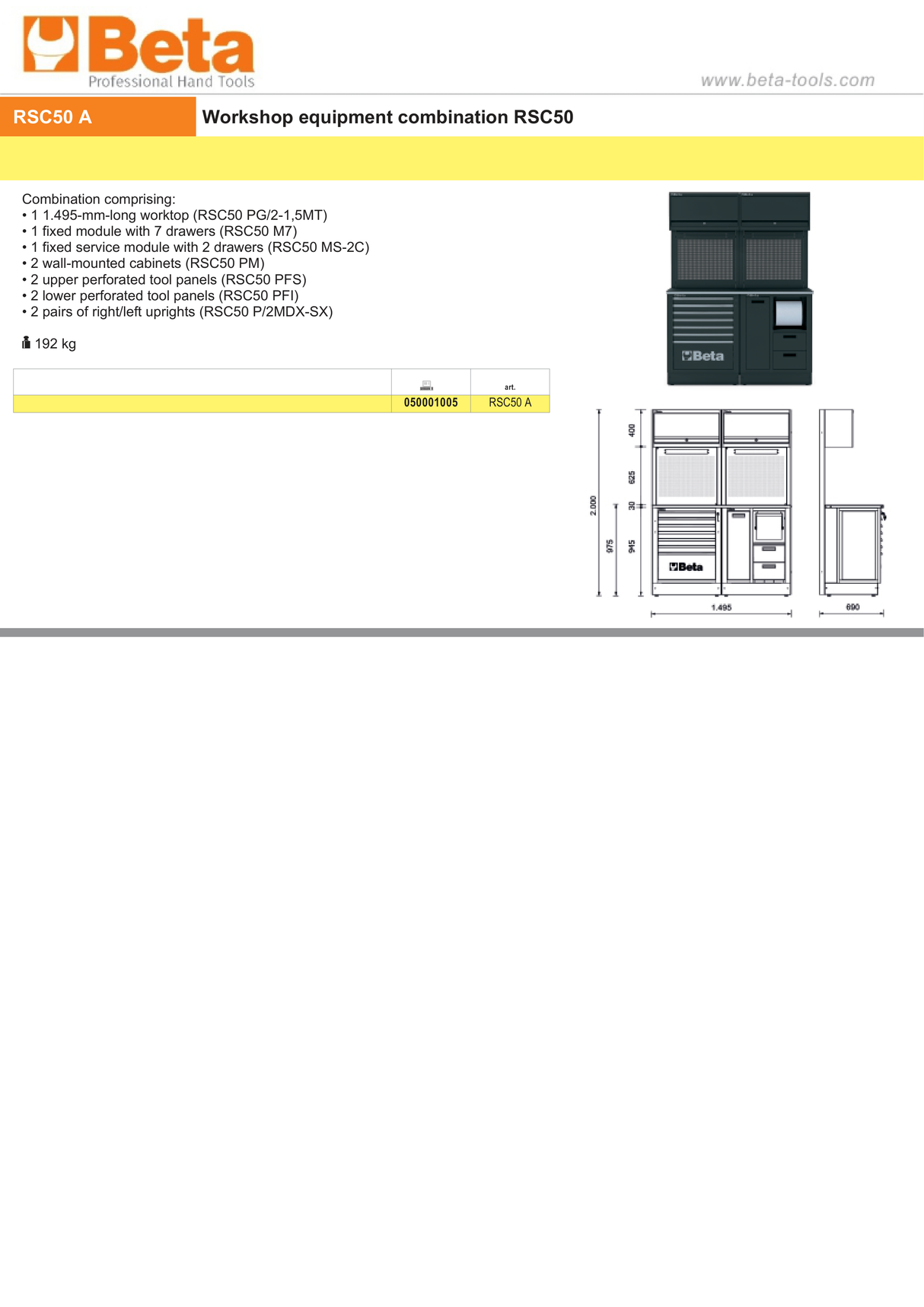 Workshop Equipment Combination RSC50 with Worktop, Drawers, and Tool Panels - BetaRSC50 RSC50 A - Image 3