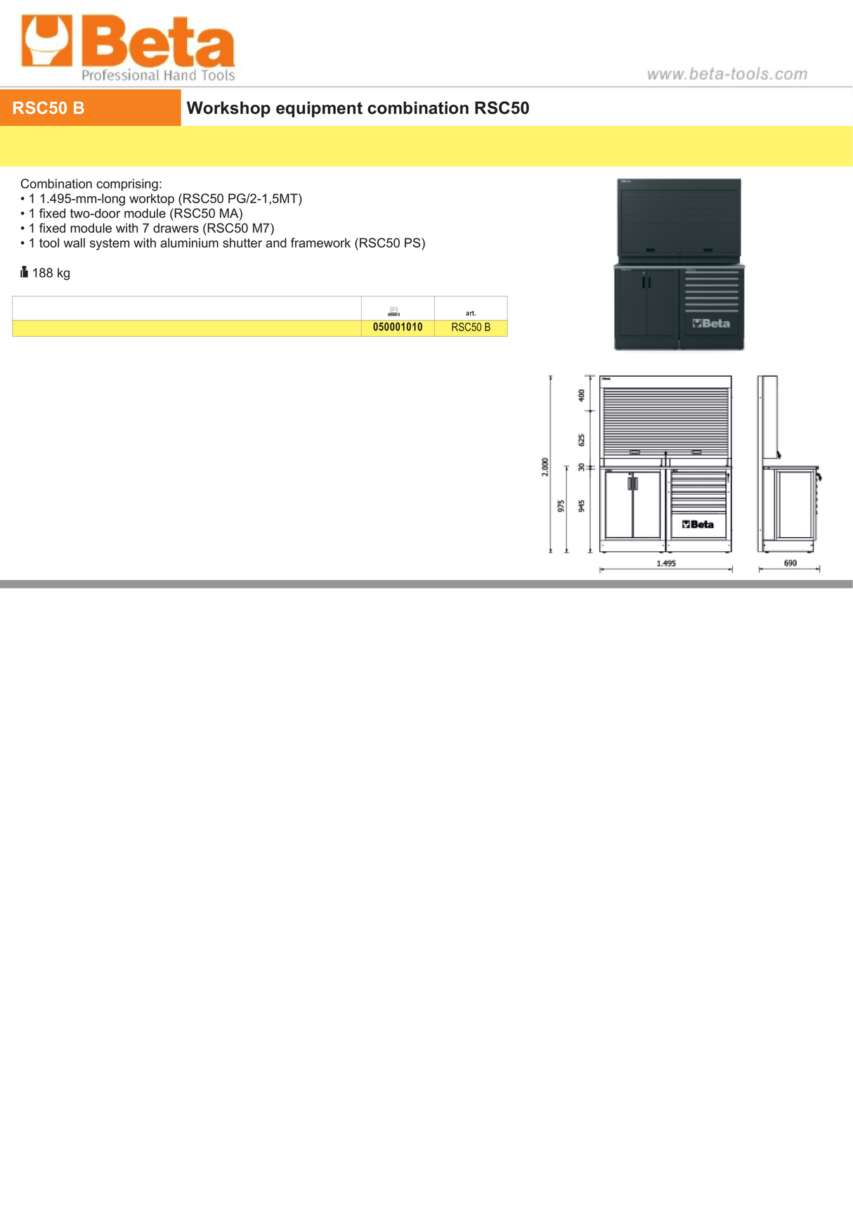 Workshop Equipment Combination RSC50 with Worktop, Two-Door Module, and Tool Wall System - BetaRSC50 RSC50 B - Image 3