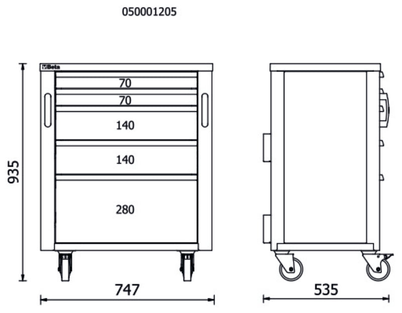 Mobile Roller Cabinet with 5 Drawers for RSC50, 588x367mm, Swivel Castors, Central Lock - BetaRSC50 RSC50 C5 - Image 2