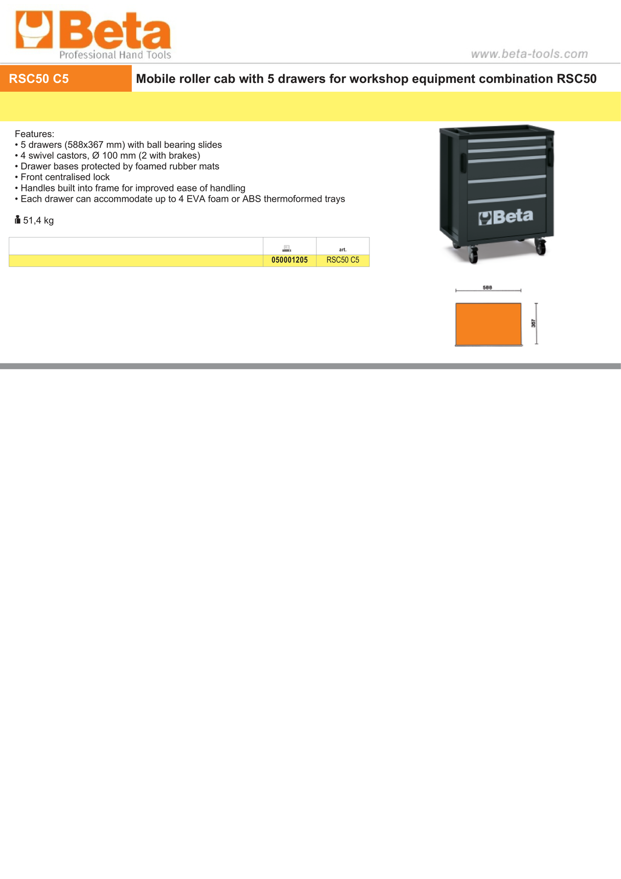 Mobile Roller Cabinet with 5 Drawers for RSC50, 588x367mm, Swivel Castors, Central Lock - BetaRSC50 RSC50 C5 - Image 4