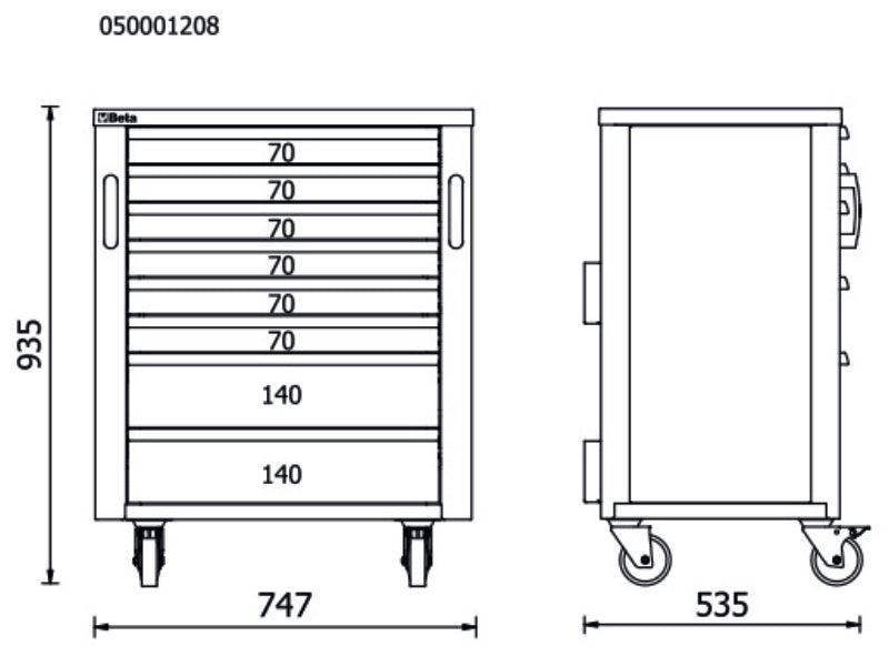 Mobile Roller Cabinet with 8 Drawers for RSC50, 588x367mm, Swivel Castors, Central Lock - BetaRSC50 RSC50 C8 - Image 2