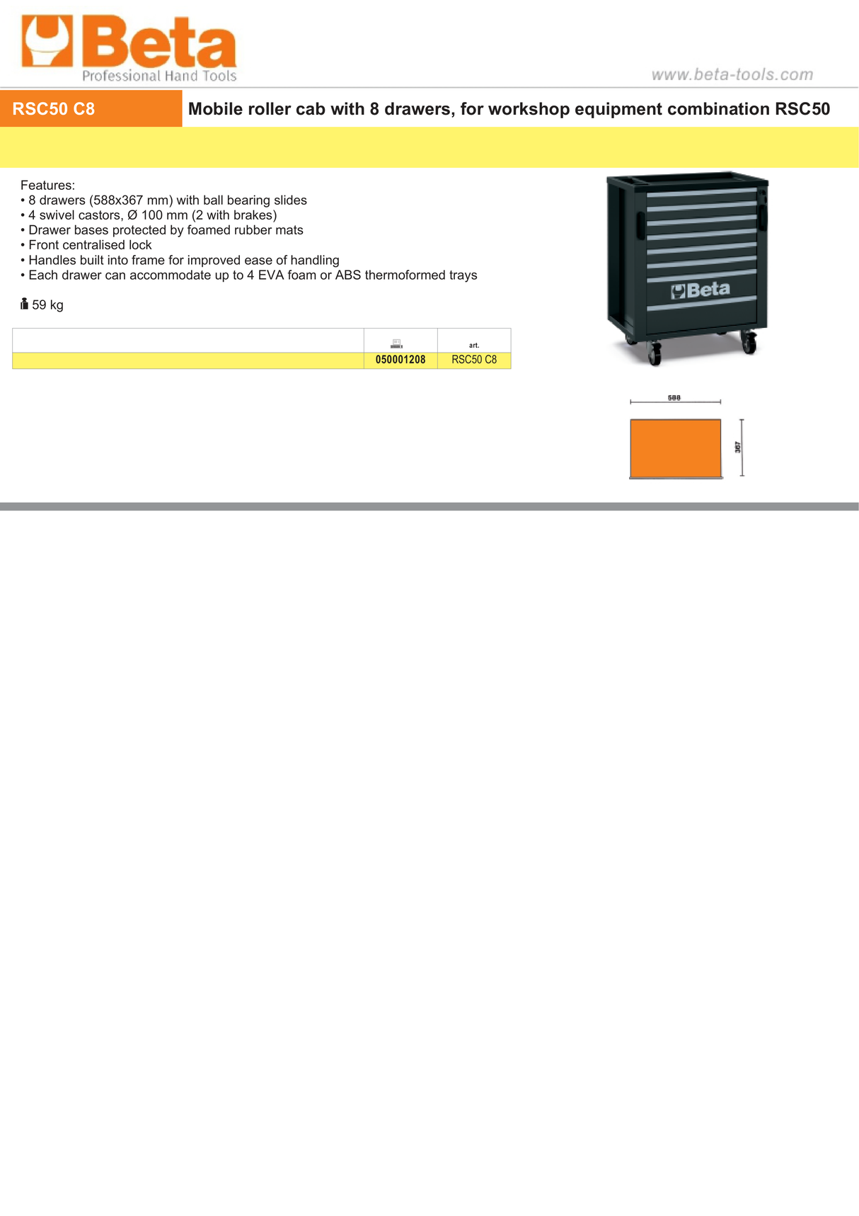 Mobile Roller Cabinet with 8 Drawers for RSC50, 588x367mm, Swivel Castors, Central Lock - BetaRSC50 RSC50 C8 - Image 4