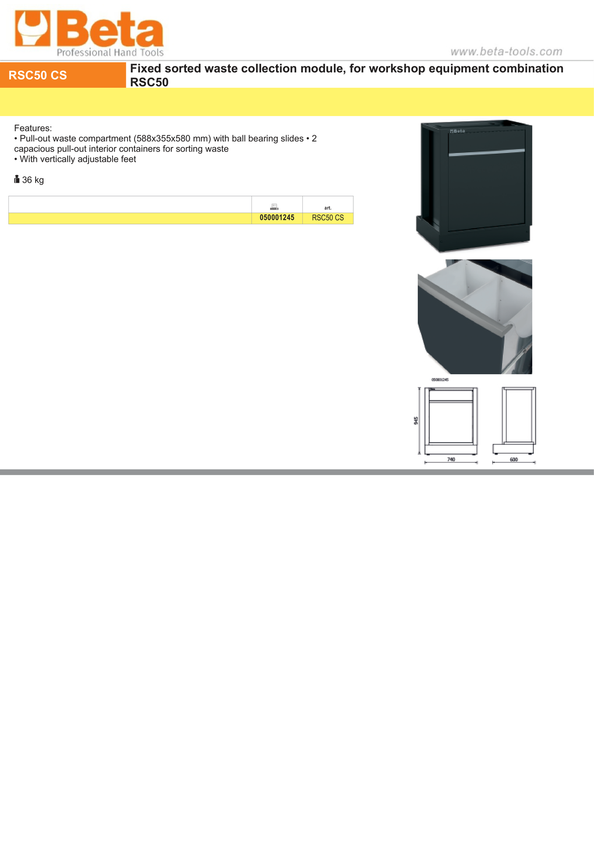 Fixed Sorted Waste Collection Module for RSC50, Pull-out Compartment 588x355x580mm, 2 Interior Containers, Adjustable Feet - BetaRSC50 RSC50 CS - Image 4