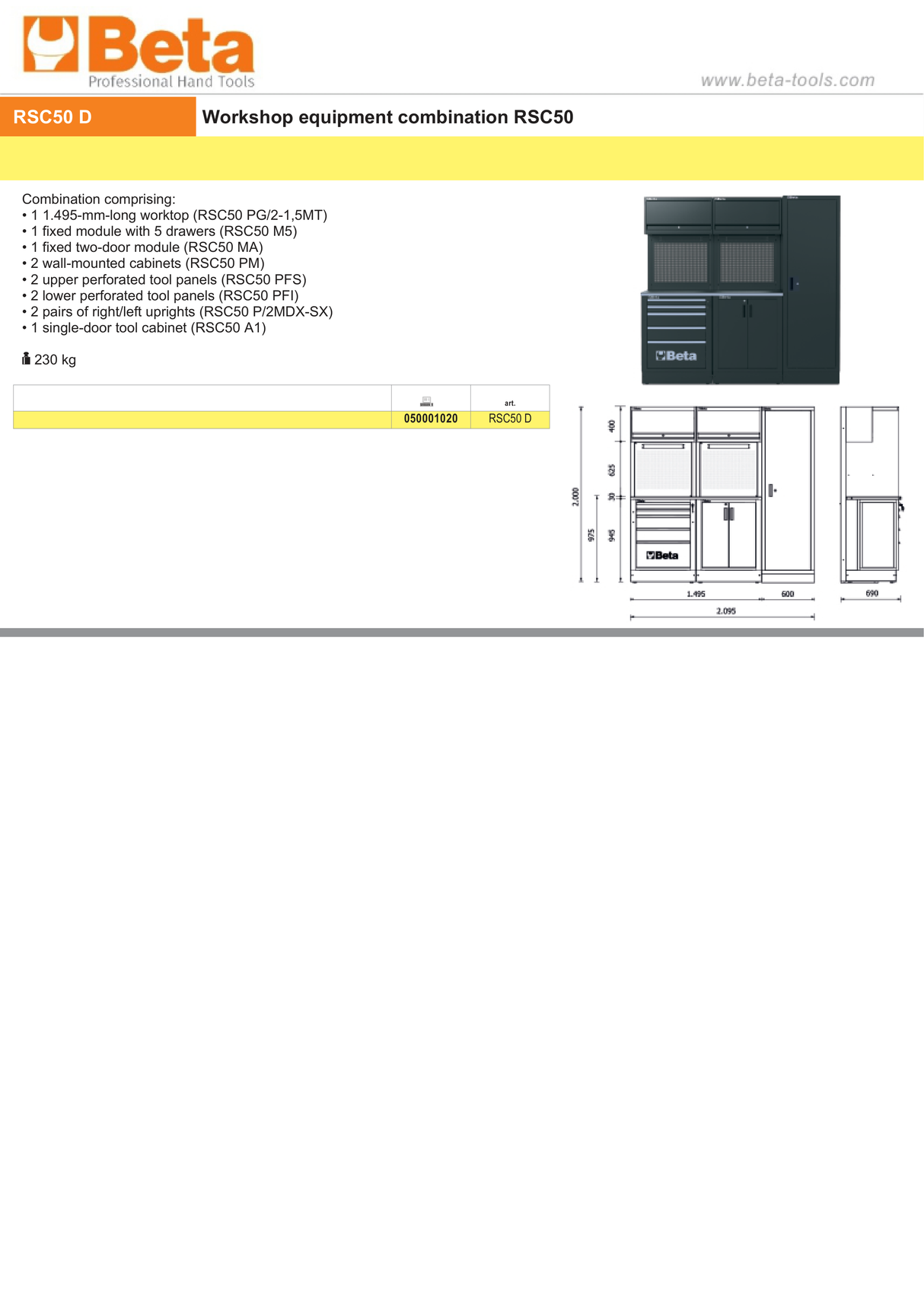 Workshop Equipment Combination RSC50 with Worktop, Drawers, Cabinets, and Tool Panels - BetaRSC50 RSC50 D - Image 3