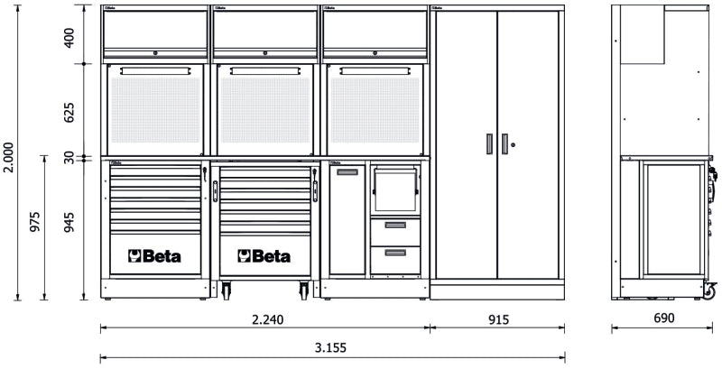 Workshop Equipment Combination RSC50 with 2.240mm Worktop, Drawers, Roller Cab, and Tool Panels - BetaRSC50 RSC50 F - Image 3