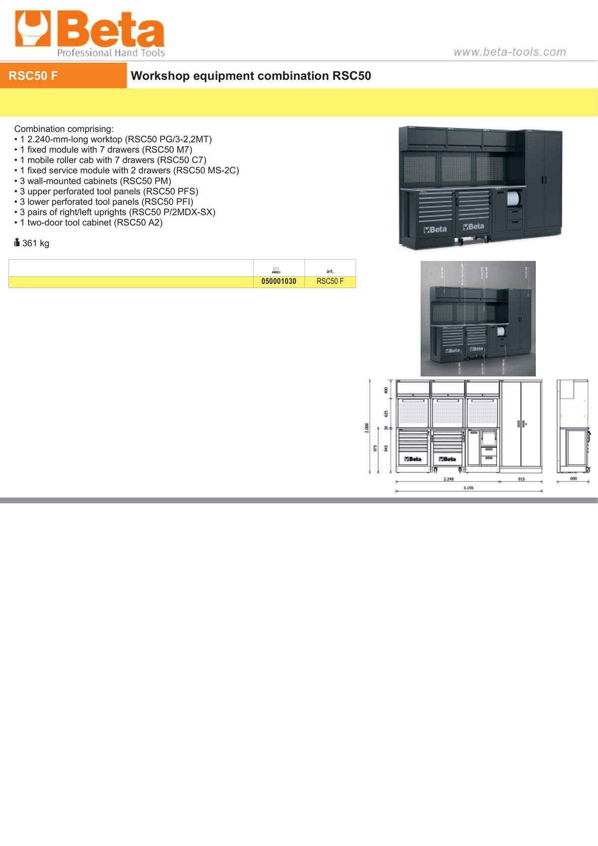 Workshop Equipment Combination RSC50 with 2.240mm Worktop, Drawers, Roller Cab, and Tool Panels - BetaRSC50 RSC50 F - Image 4
