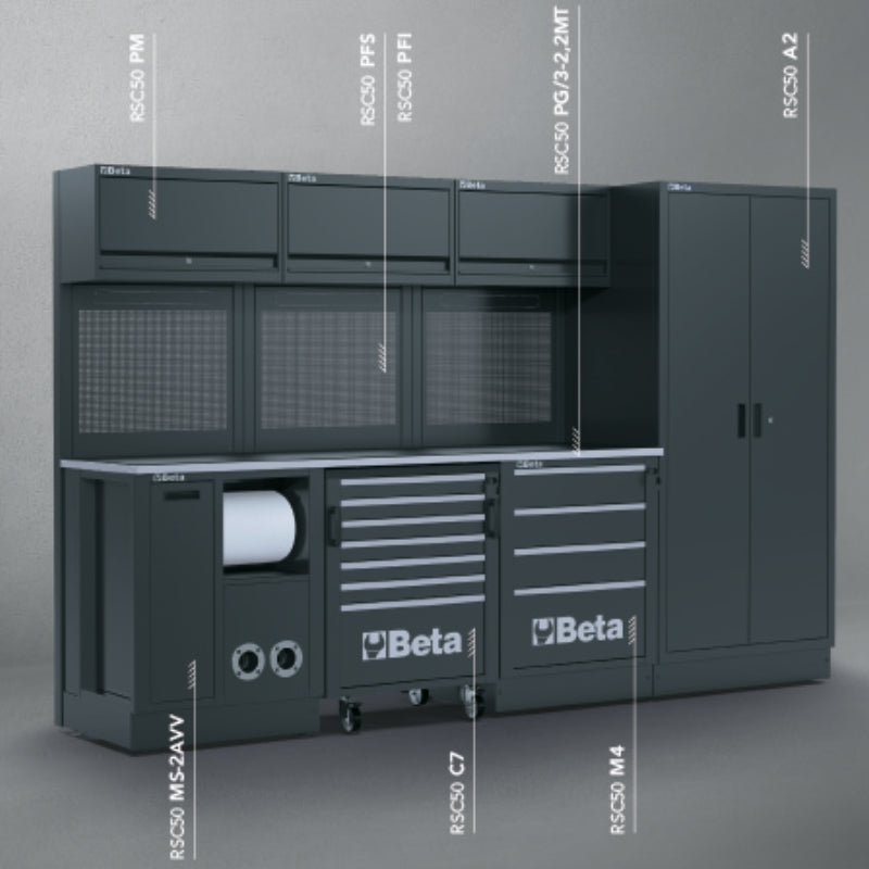 Workshop Equipment Combination RSC50 with 2.240mm Worktop, Drawers, Roller Cab, and Tool Panels - BetaRSC50 RSC50 G - Image 2
