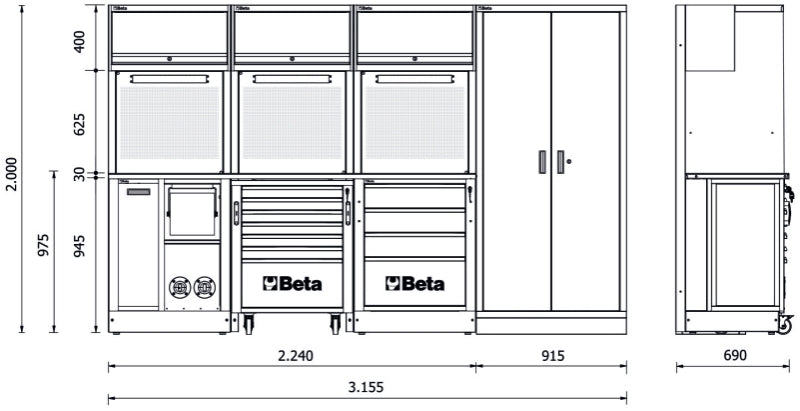Workshop Equipment Combination RSC50 with 2.240mm Worktop, Drawers, Roller Cab, and Tool Panels - BetaRSC50 RSC50 G - Image 3