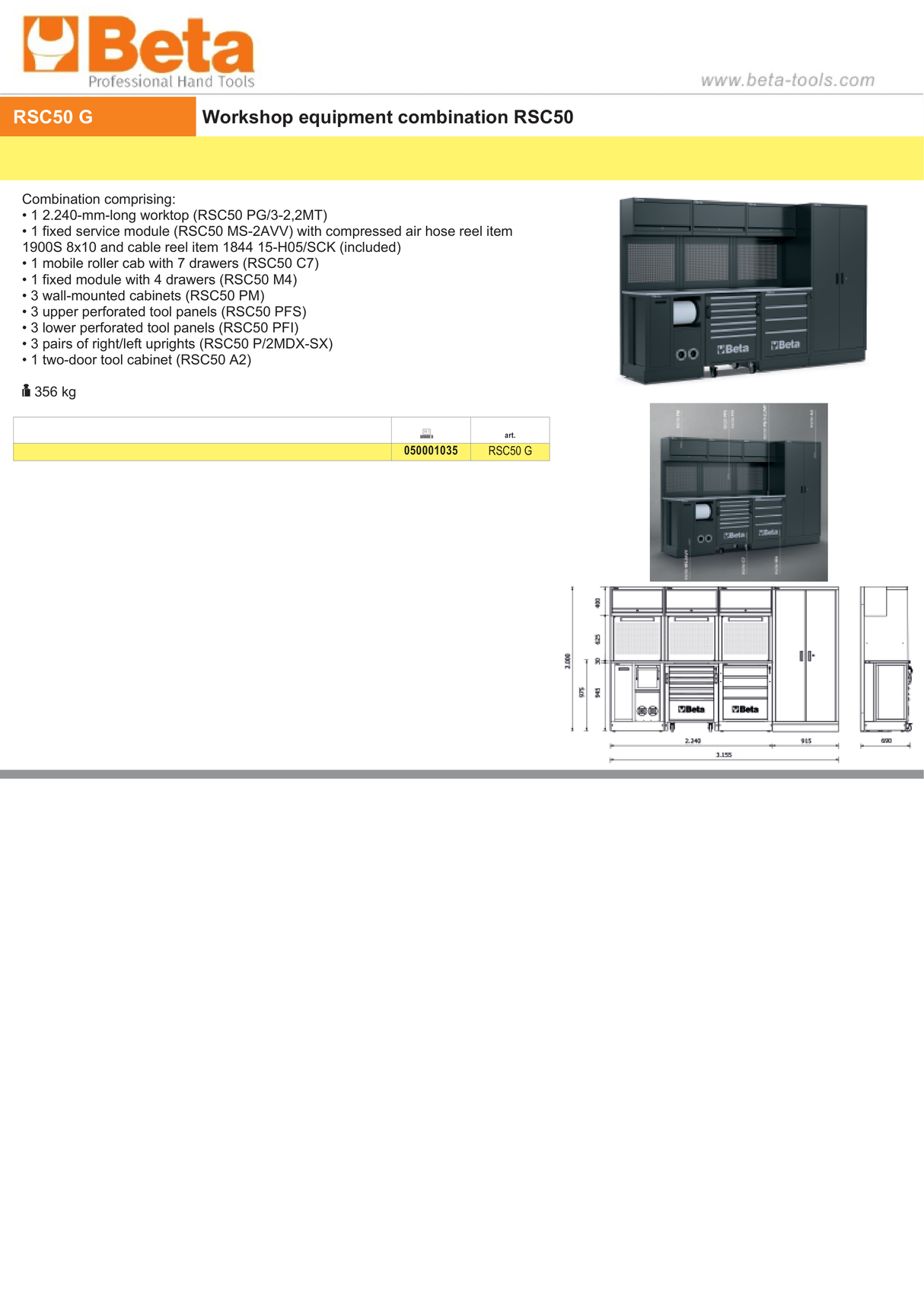 Workshop Equipment Combination RSC50 with 2.240mm Worktop, Drawers, Roller Cab, and Tool Panels - BetaRSC50 RSC50 G - Image 4