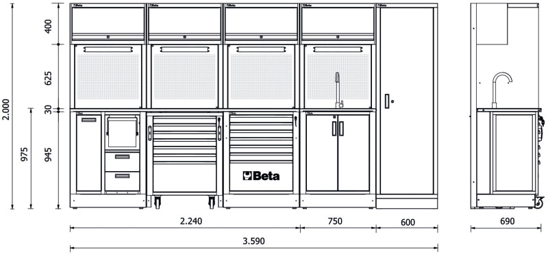 Workshop Equipment Combination RSC50 with 2.240mm Worktop, Drawers, Roller Cab, Sink, and Tool Panels - BetaRSC50 RSC50 H - Image 3