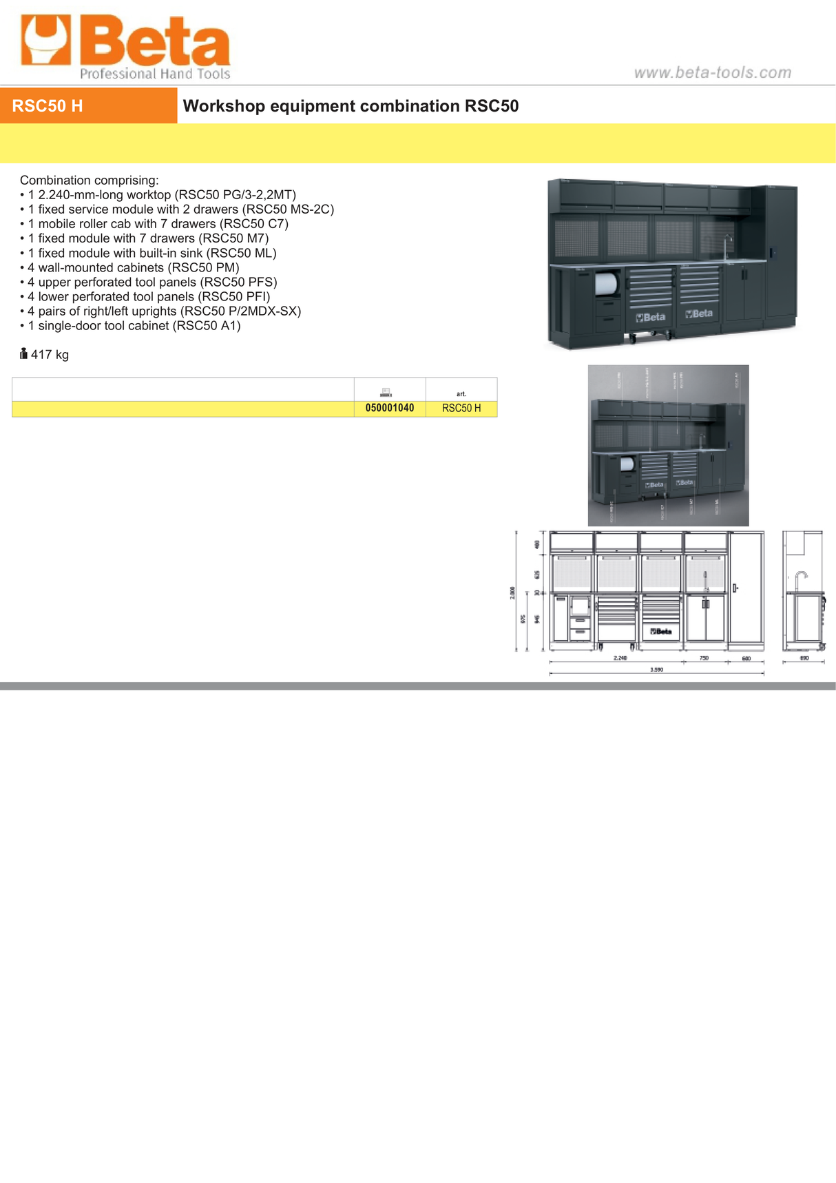 Workshop Equipment Combination RSC50 with 2.240mm Worktop, Drawers, Roller Cab, Sink, and Tool Panels - BetaRSC50 RSC50 H - Image 4