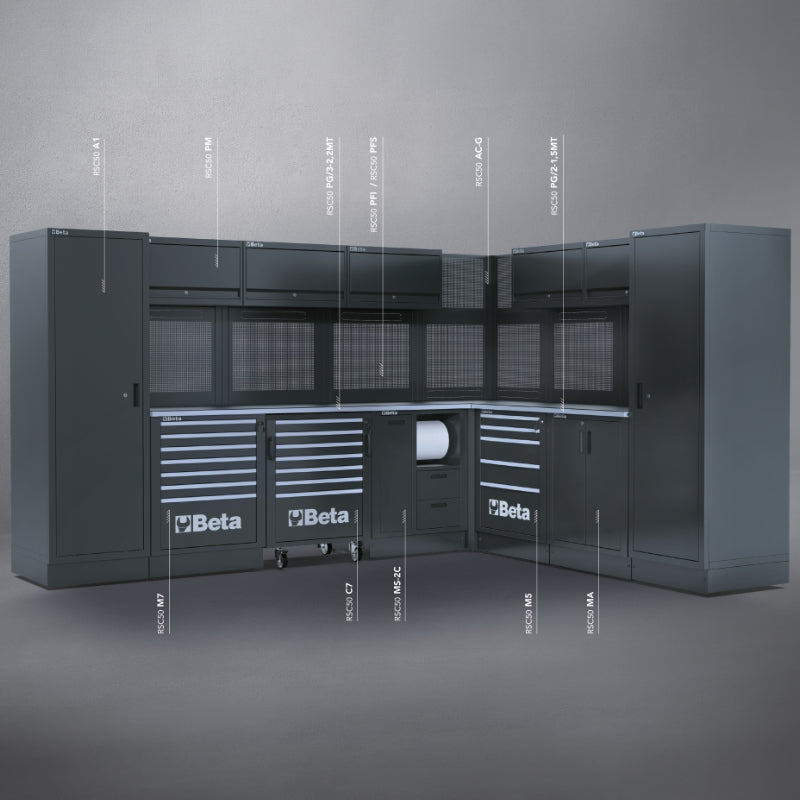 Workshop Equipment Combination RSC50 with 2.240mm and 1.495mm Worktops, Drawers, Roller Cab, Corner Unit, and Tool Panels - BetaRSC50 RSC50 I - Image 2