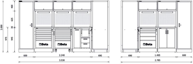 Workshop Equipment Combination RSC50 with 2.240mm and 1.495mm Worktops, Drawers, Roller Cab, Corner Unit, and Tool Panels - BetaRSC50 RSC50 I - Image 3
