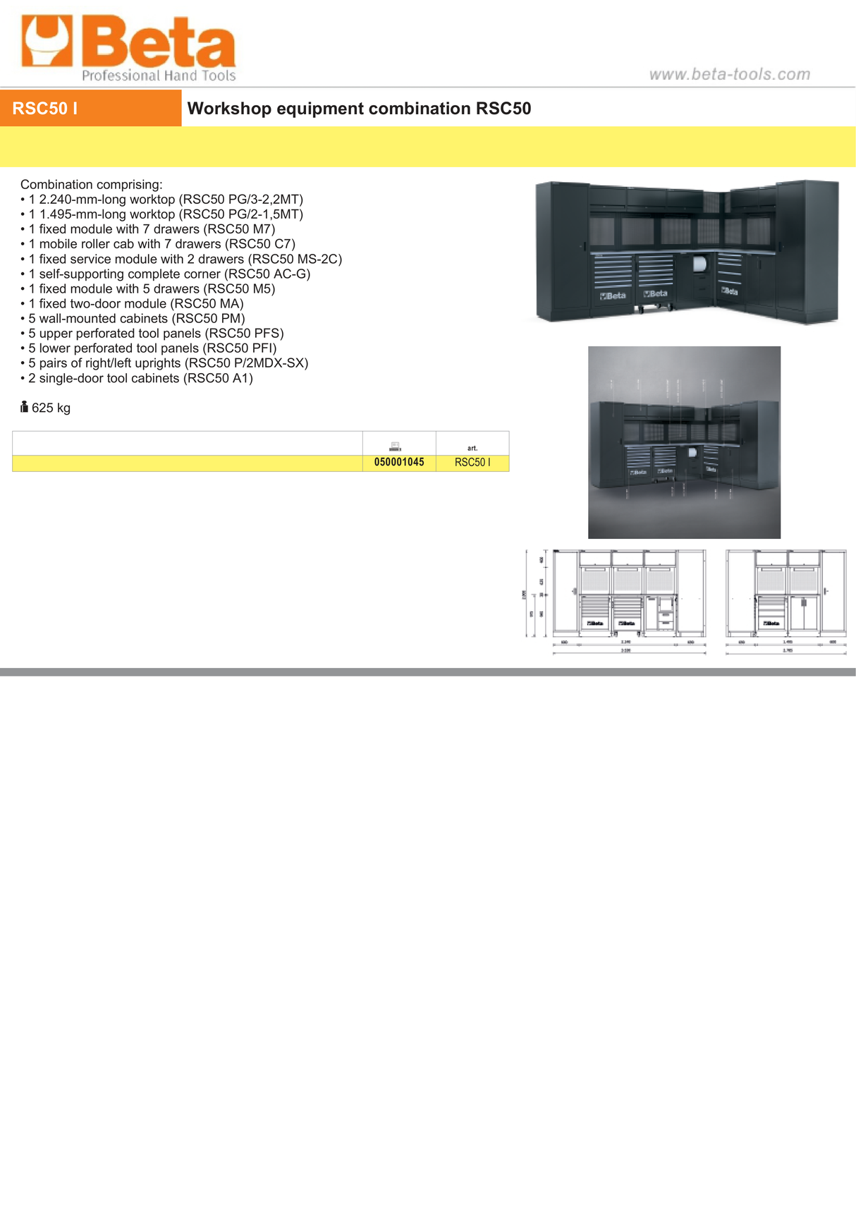Workshop Equipment Combination RSC50 with 2.240mm and 1.495mm Worktops, Drawers, Roller Cab, Corner Unit, and Tool Panels - BetaRSC50 RSC50 I - Image 4