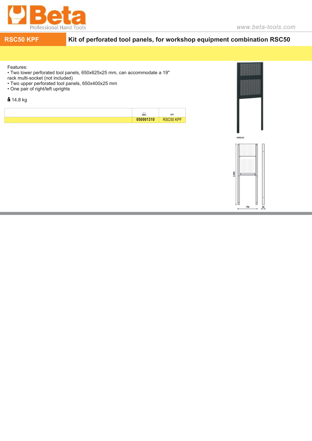 Perforated Tool Panel Kit for RSC50, Includes 2 Lower Panels 650x625mm, 2 Upper Panels 650x400mm, Pair of Uprights - BetaRSC50 RSC50 KPF - Image 3