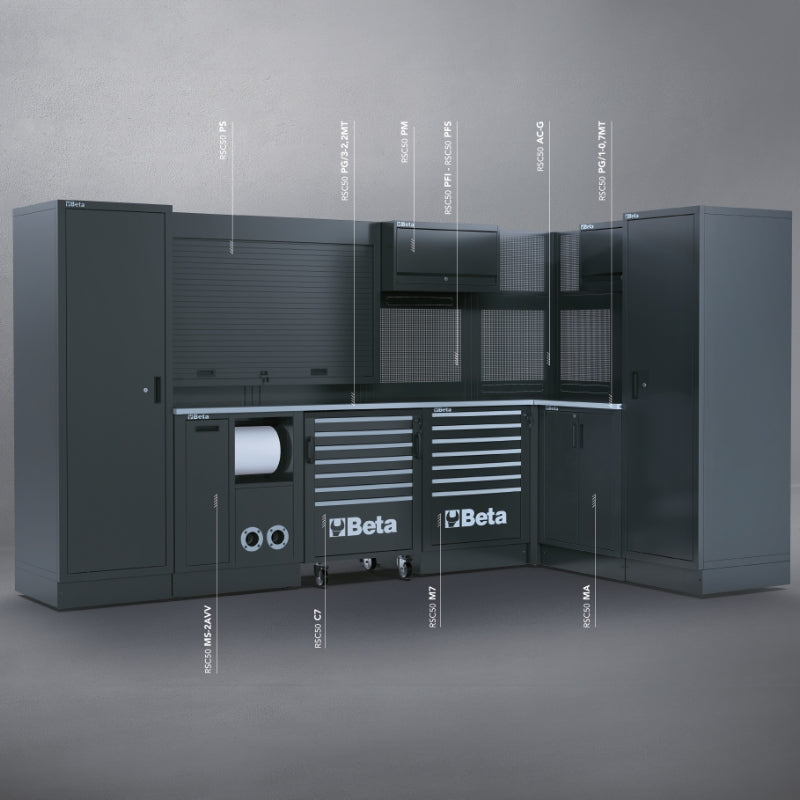 Workshop Equipment Combination RSC50 with 2.240mm and 750mm Worktops, Drawers, Roller Cab, Corner Unit, and Tool Panels - BetaRSC50 RSC50 L - Image 2