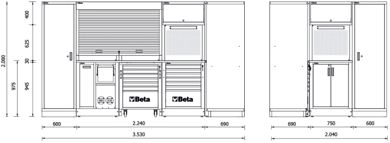 Workshop Equipment Combination RSC50 with 2.240mm and 750mm Worktops, Drawers, Roller Cab, Corner Unit, and Tool Panels - BetaRSC50 RSC50 L - Image 3