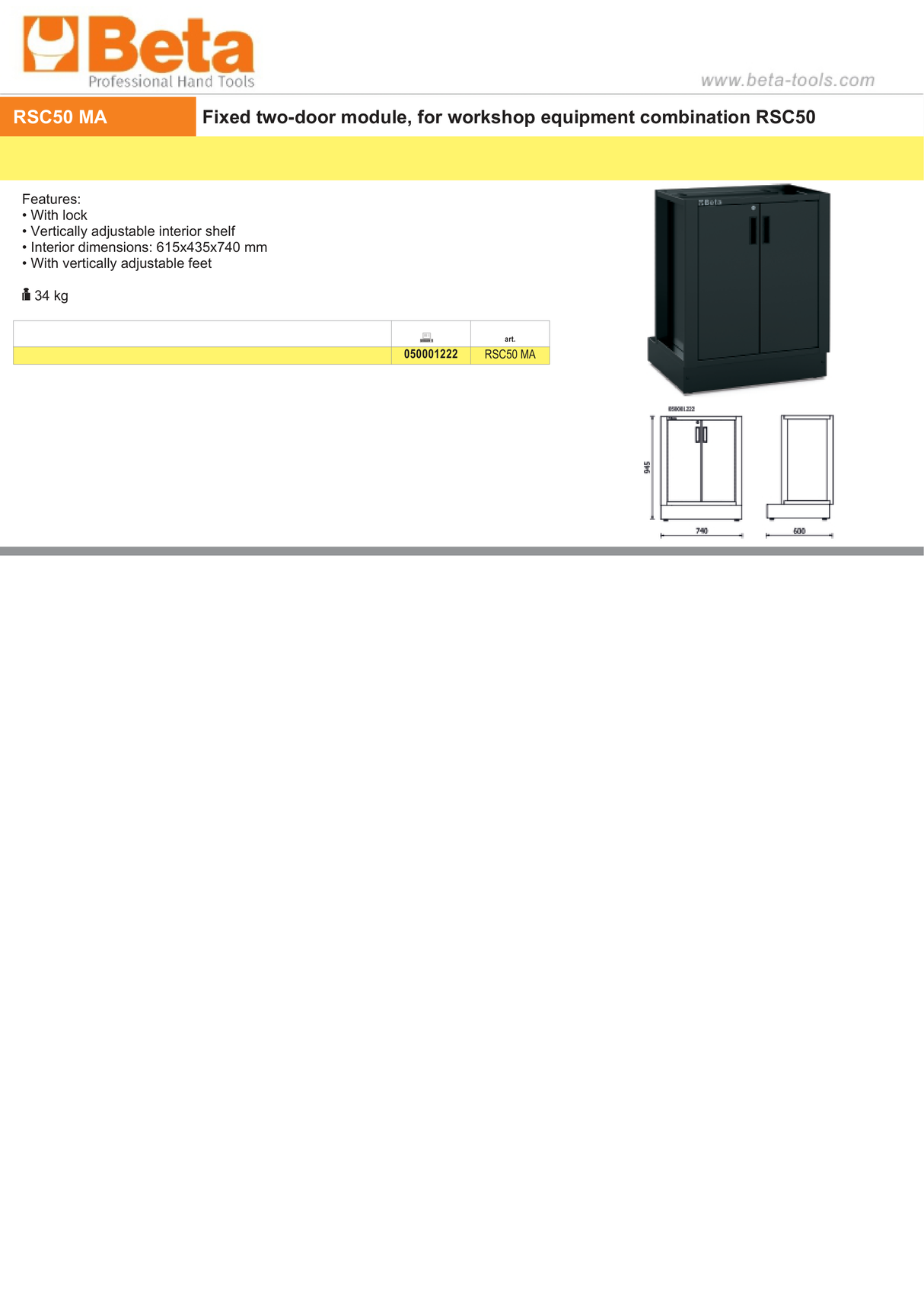 Fixed Two-Door Module for RSC50 with Lock and Adjustable Shelf, 615x435x740mm - BetaRSC50 RSC50 MA - Image 3