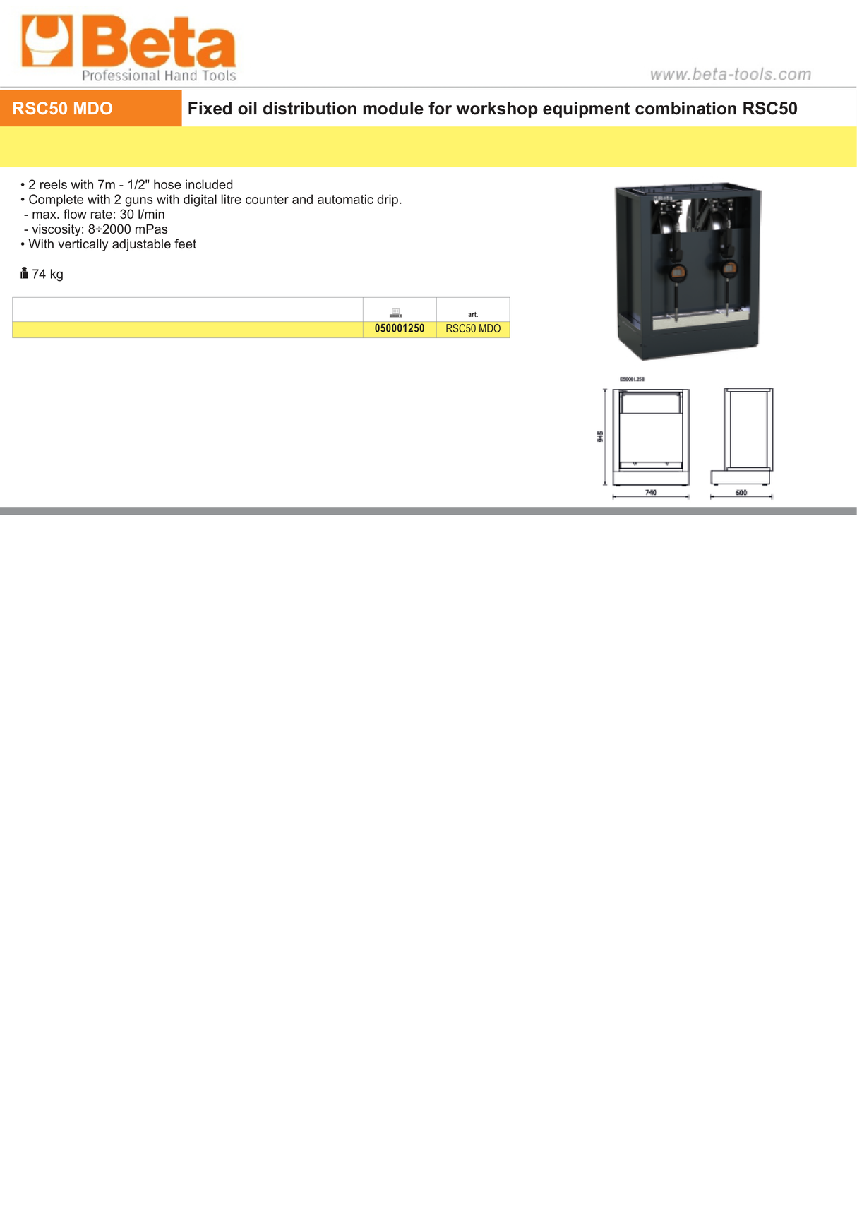 Fixed Oil Distribution Module for RSC50, Includes 2 Reels with 7m 1/2" Hose, Digital Litre Counter Guns, Max Flow 30 l/min, Viscosity 8-2000 mPas, Adjustable Feet - BetaRSC50 RSC50 MDO - Image 3