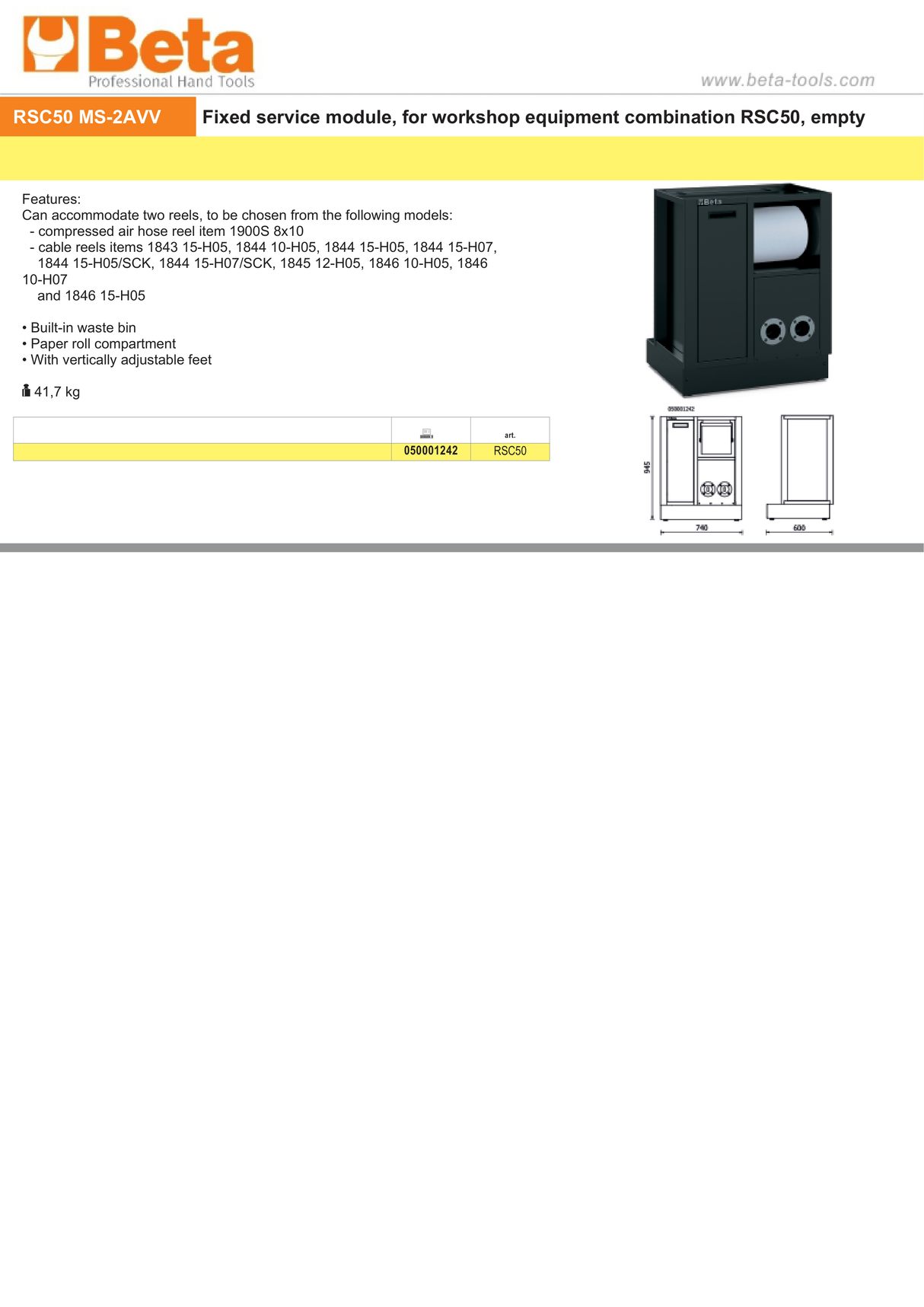 Fixed Service Module for RSC50, Empty, Holds Two Reels, Built-in Waste Bin, Paper Roll Compartment, Adjustable Feet - BetaRSC50 RSC50 MS-2AVV - Image 3