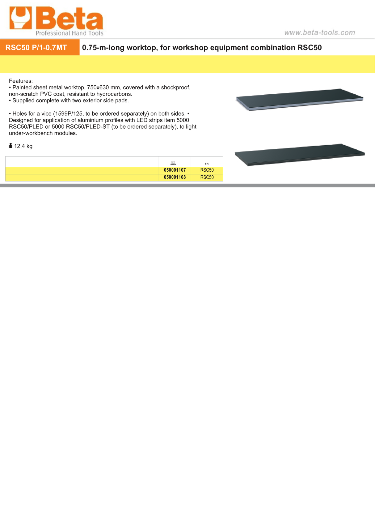 750mm Worktop for RSC50 with PVC Coating, Side Pads, and Vice Holes - BetaRSC50 RSC50 PA/1-0,7MT - Image 3