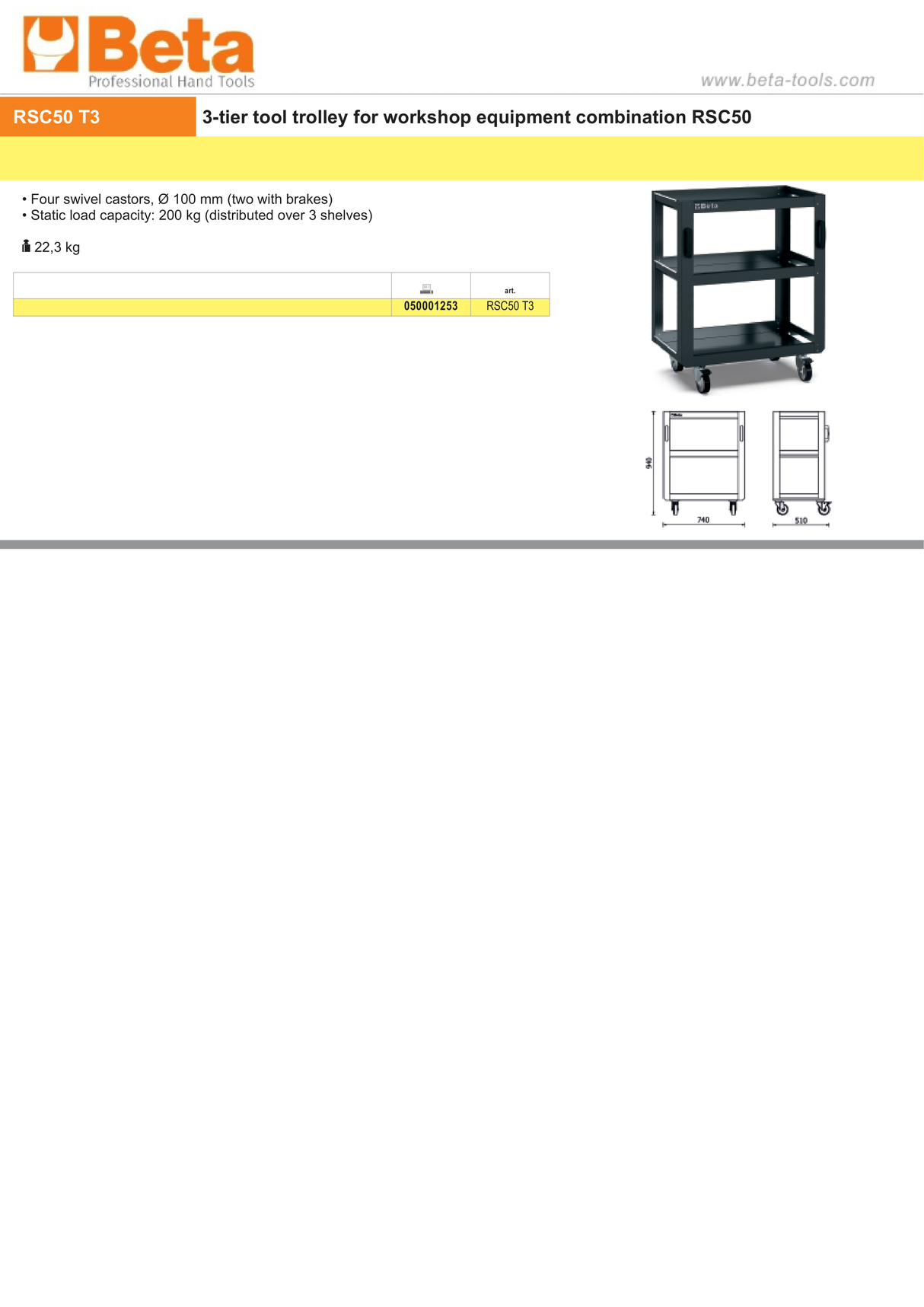 3-Tier Tool Trolley for RSC50, Four Swivel Castors 100mm, Two with Brakes, 200kg Load Capacity - BetaRSC50 RSC50 T3 - Image 3