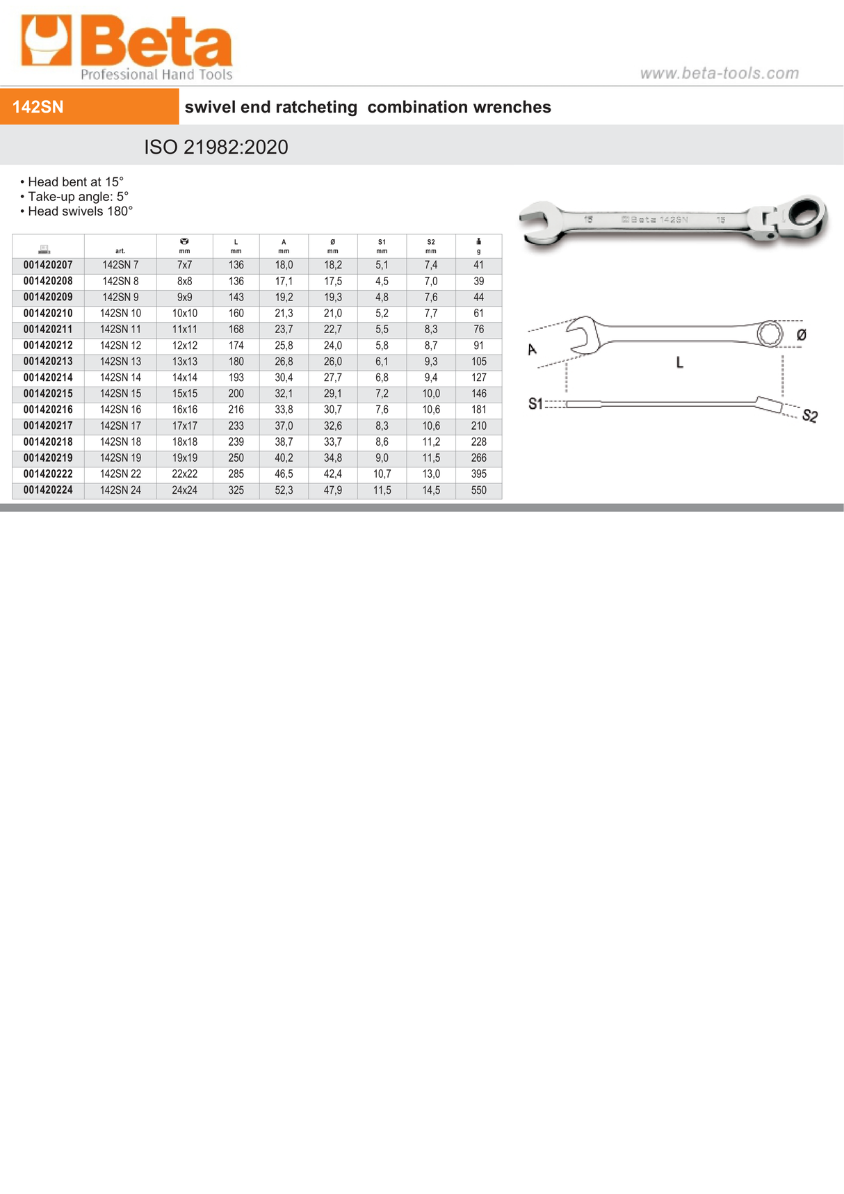 Swivel End Ratcheting Combination Spanner Wrench 14mm - Beta Tools 142SN 14 - Image 3