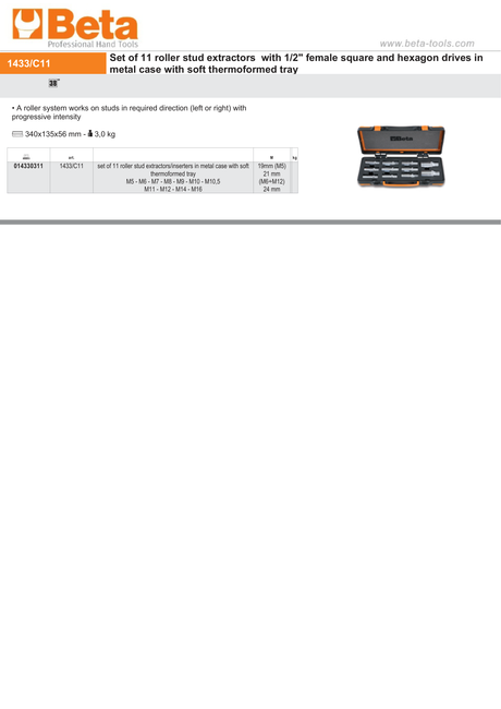 Set of 11 Roller Stud Extractors/Inserters M5 - M16 with Metal Case - Beta Tools 1433/C11 - Image 2
