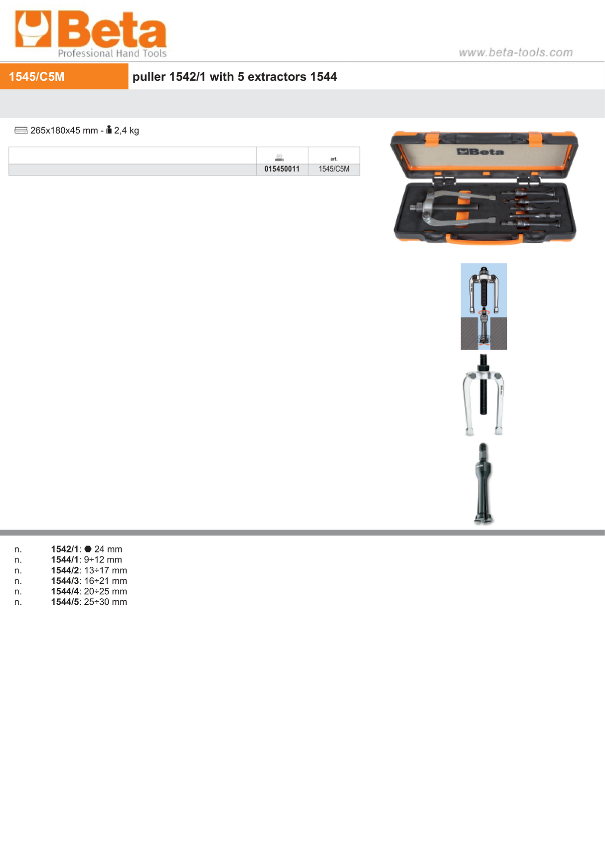 Puller with 5 Extractors 265mm x 180mm x 45mm - Beta Tools 1545/C5M - Image 5