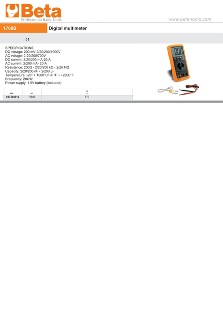 Digital Multimeter with Temperature and Frequency Measurement - Beta Tools 1760B - Image 2
