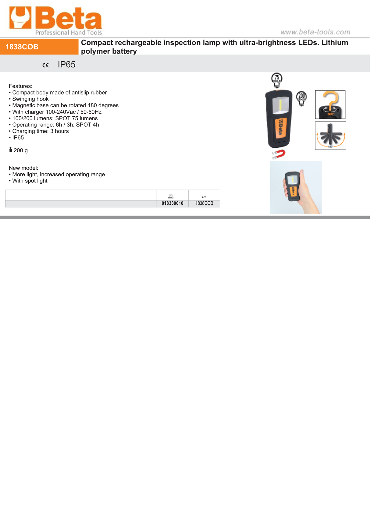 Compact Rechargeable Inspection Lamp Ultra-Bright LEDs 100-200 Lumens Spot 75 Lumens - Beta Tools 1838COB - Image 3