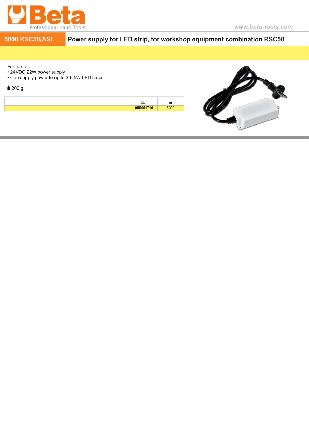 Power Supply for LED Strip RSC50, 24VDC 22W, Supports Up to 3 LED Strips - BetaRSC50 5000 RSC50/ASL - Image 2
