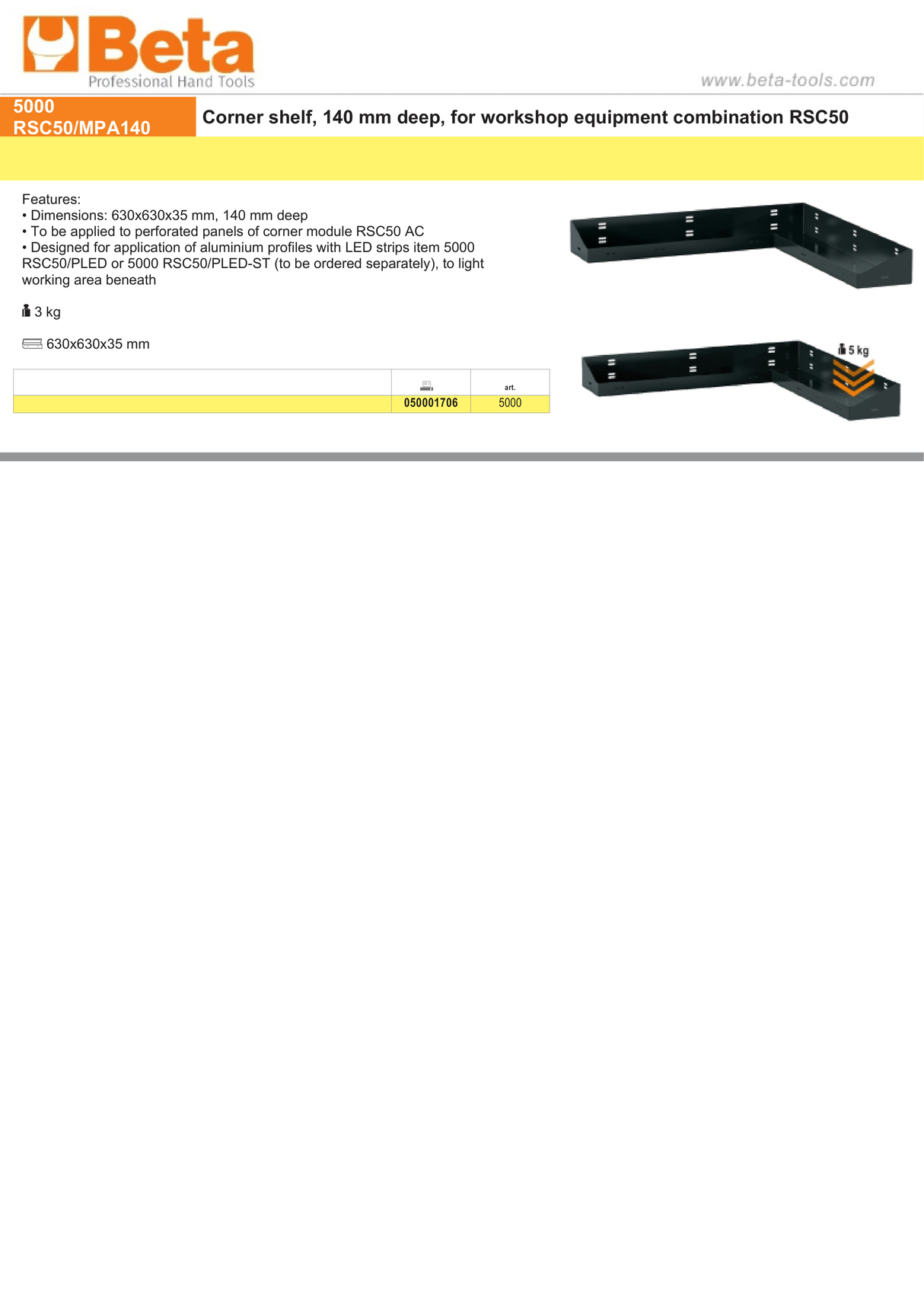Corner Shelf for RSC50, 630x630x35mm, 140mm Deep, Compatible with LED Strip Profiles (Sold Separately) - BetaRSC50 5000 RSC50/MPA140 - Image 3