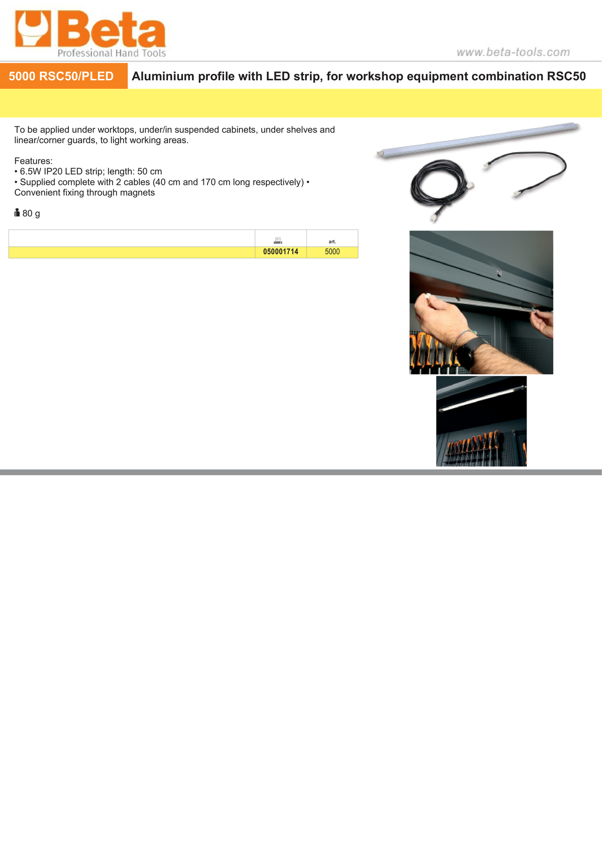 Aluminium Profile with LED Strip for RSC50, 50cm Length, 6.5W IP20, Includes 2 Cables, Magnetic Fixing - BetaRSC50 5000 RSC50/PLED - Image 4