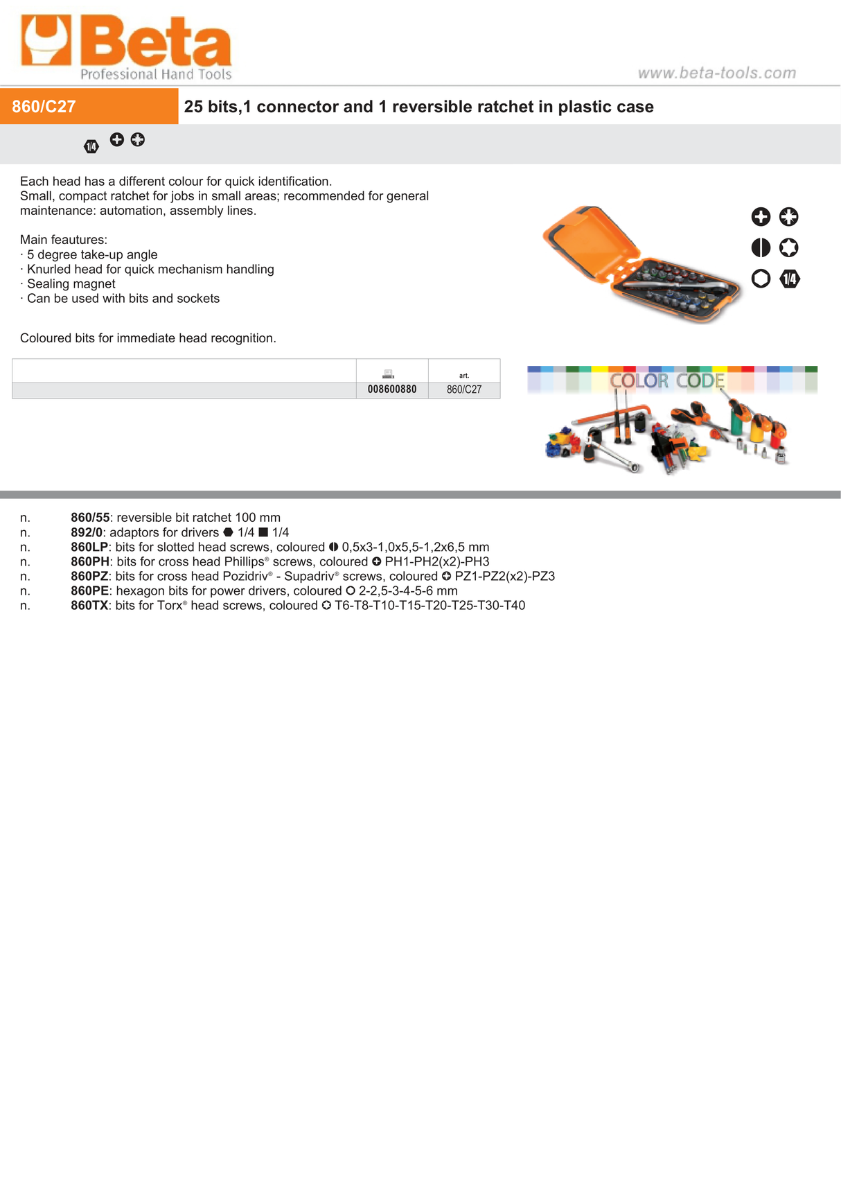 25 Bits, 1 Connector, Reversible Ratchet in Plastic Case - Beta Tools 860/C27 - Image 3