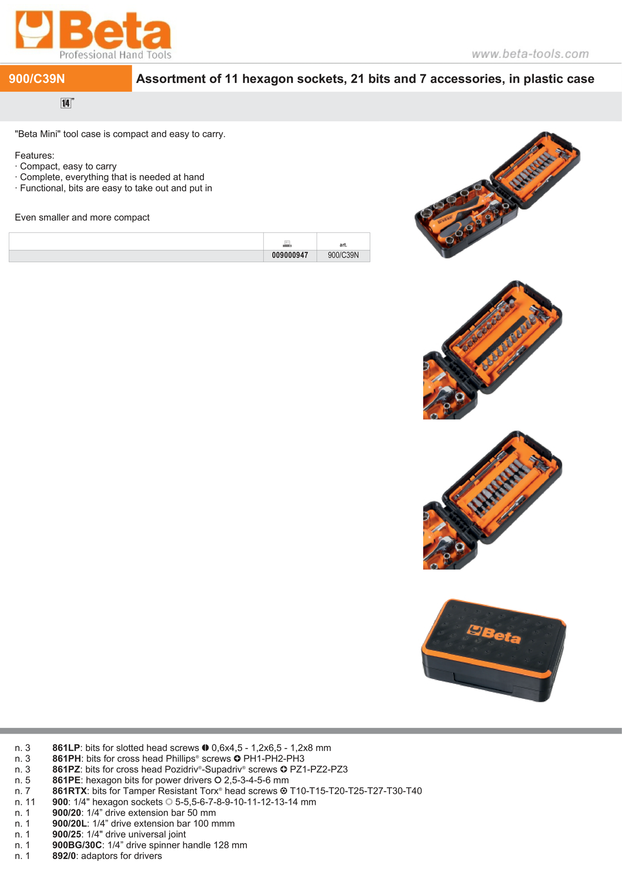 Compact Tool Case with 11 Hexagon Sockets, 21 Bits, 7 Accessories - Beta Tools 900/C39N - Image 8