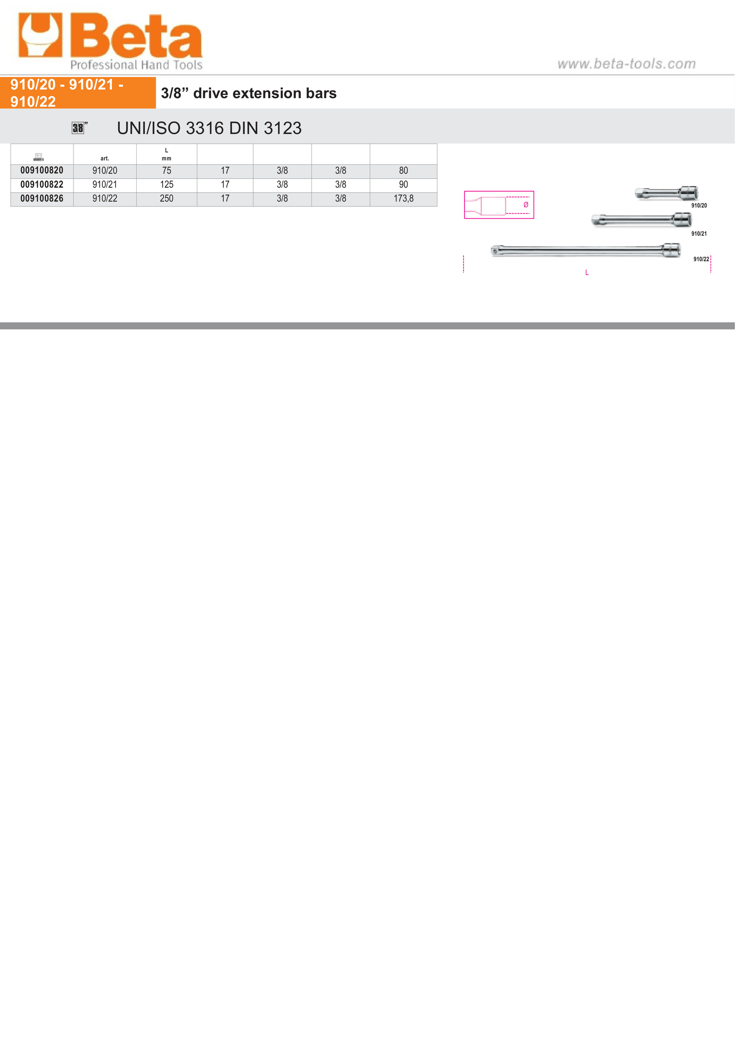 3/8" Drive Extension Bar 250mm - Beta Tools 910/22 - Image 3