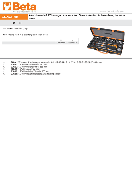 Hexagon Socket and Accessory Set in Foam Tray with Metal Case - Beta Tools 920A/C17MR - Image 2