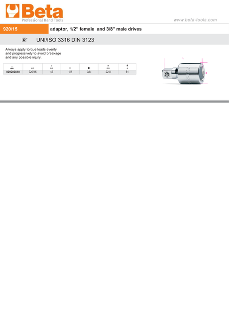 Adaptor 1/2" Female to 3/8" Male Drives 42mm - Beta Tools 920/15 - Image 2