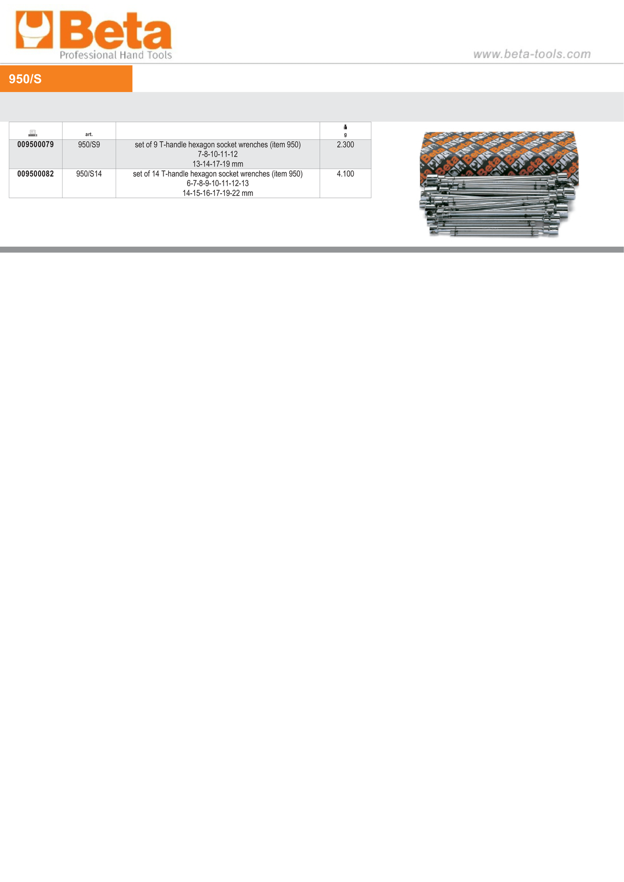 T-Handle Hexagon Socket Wrench Set 7mm - 19mm (9 Pieces) - Beta Tools 950/S9 - Image 3