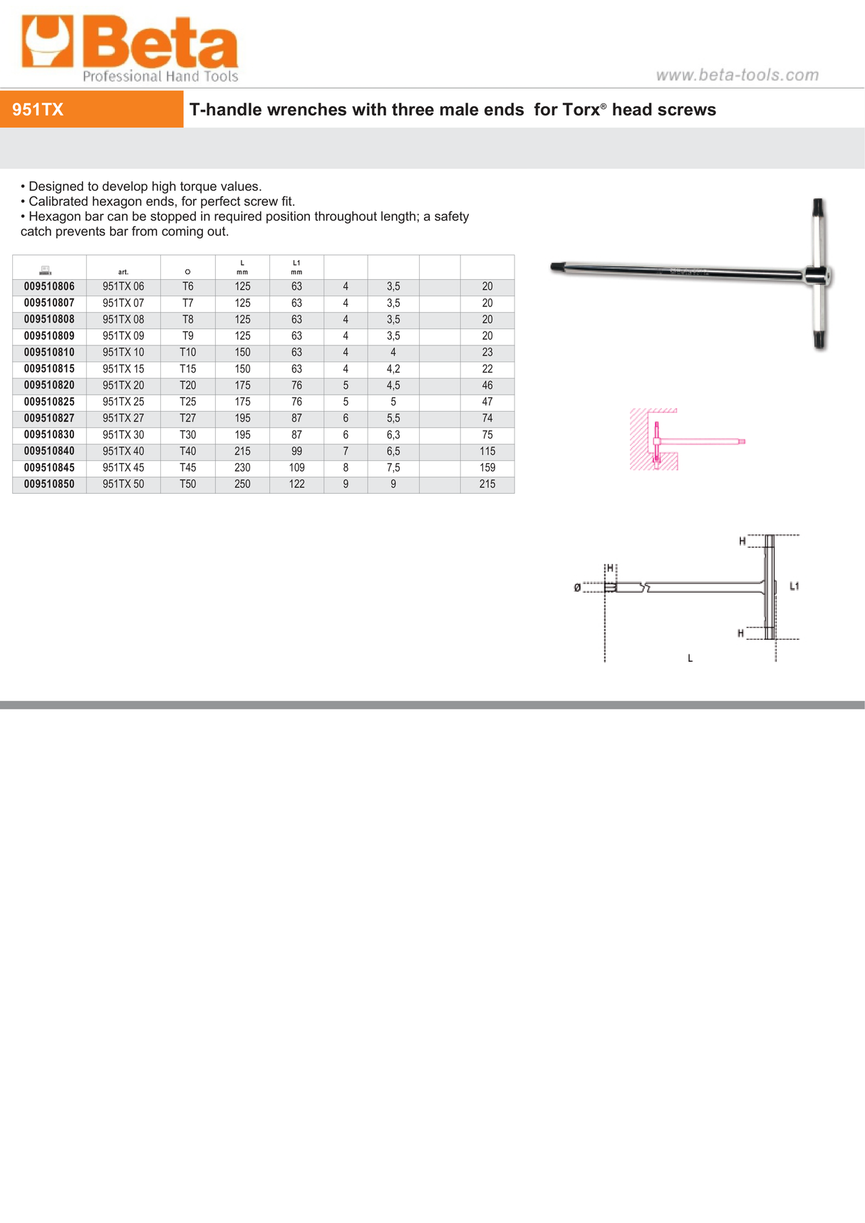 T-Handle Wrench with Three Male Ends for Torx Head Screws T15 - Beta Tools 951TX 15 - Image 4