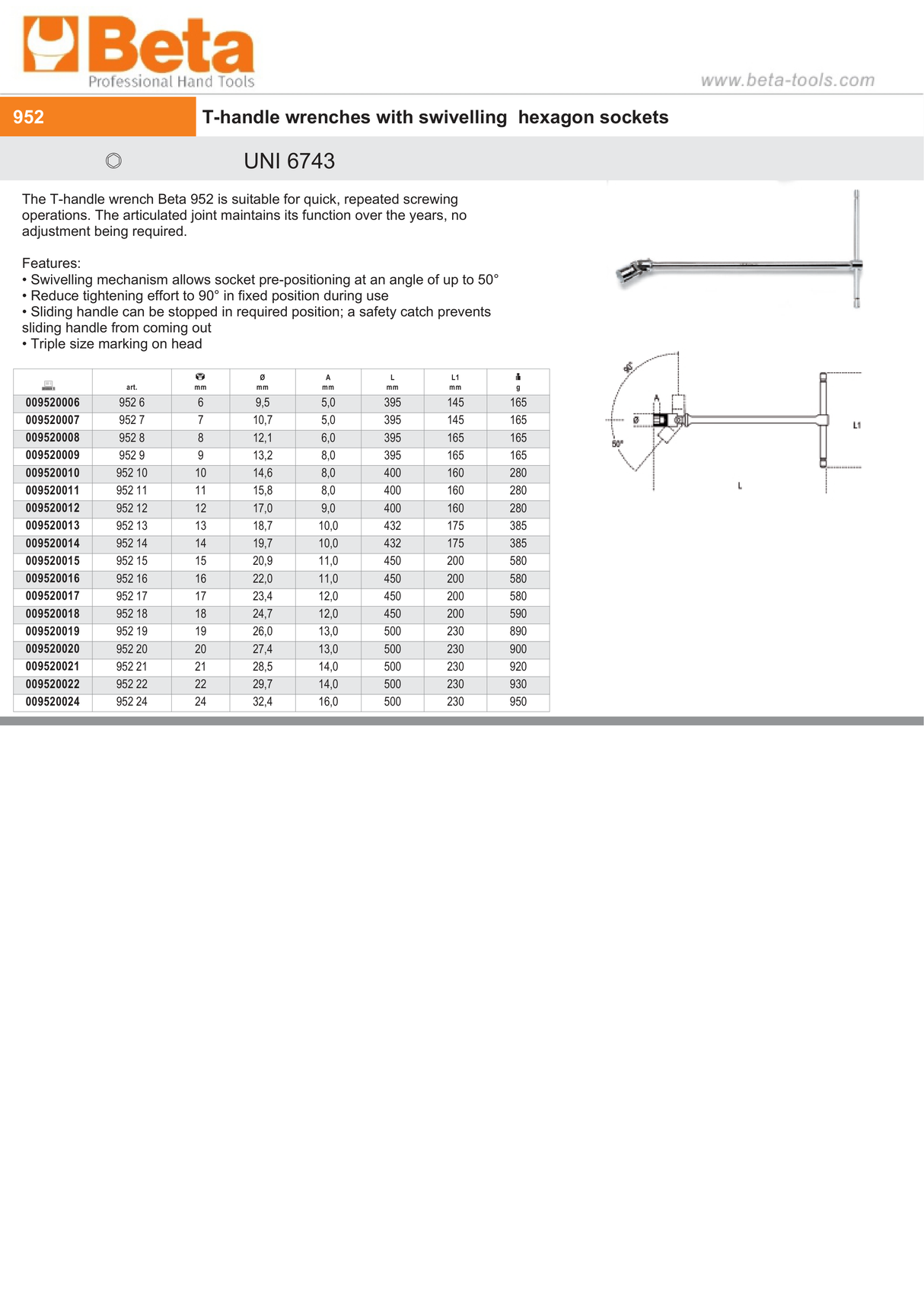T-Handle Wrench with Swivelling Hexagon Socket 15mm - Beta Tools 952 15 - Image 3